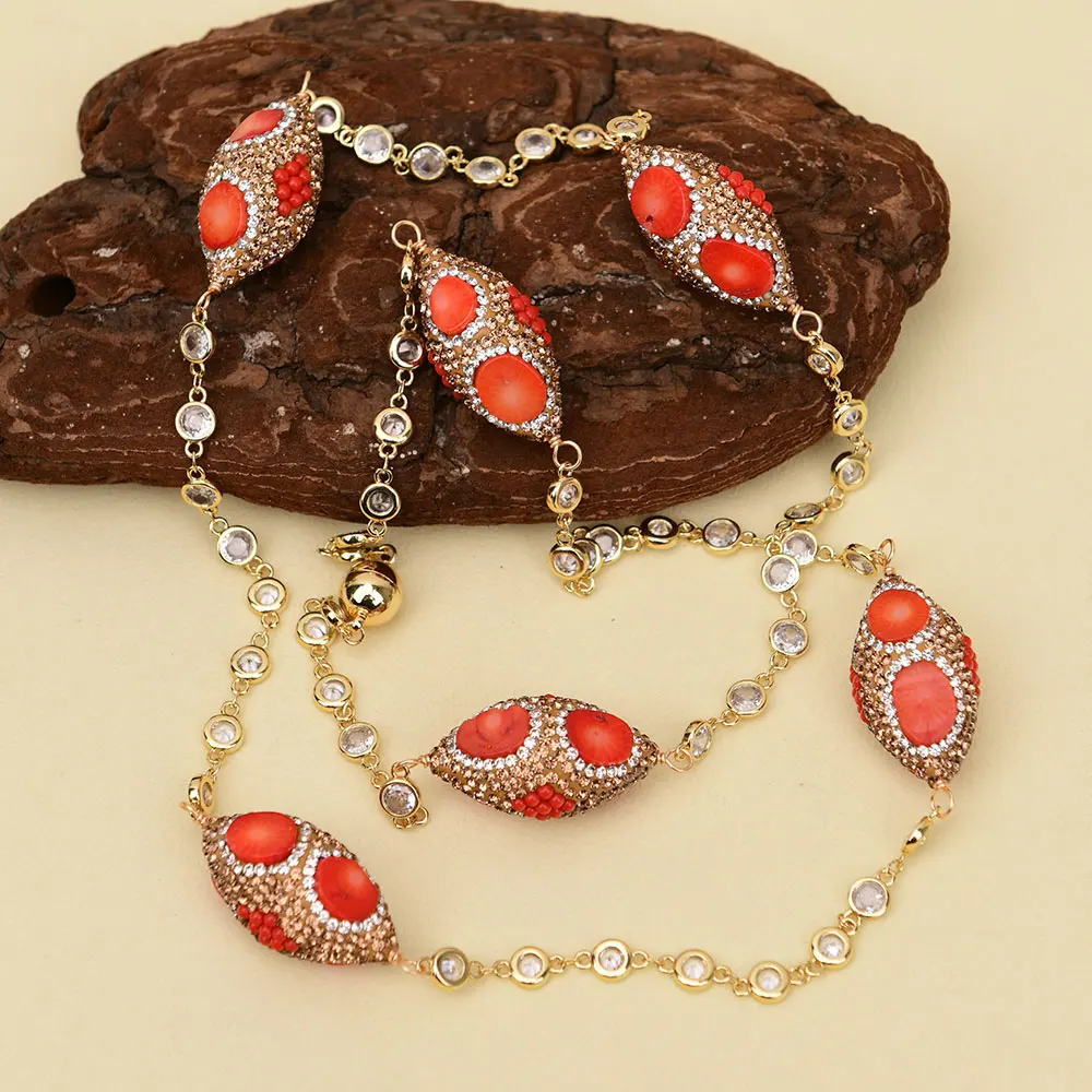 G-G 35" Natural Orange Red Coral Golden Crystal Pave Oval Beads Clear CZ Zircon Chain Long Necklace
G-G 35" Natural Orange Red Coral Golden Crystal Pave Oval Beads Clear CZ Zircon Chain Long Necklace