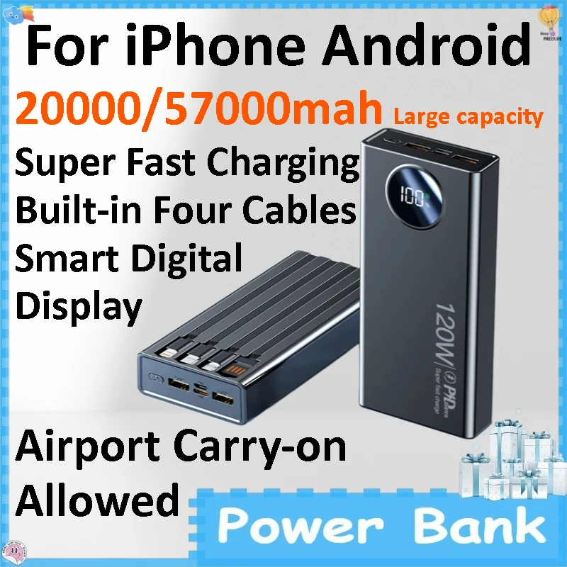 20000/57000mAh Large Capacity Power Bank Built-in 4 Cables Super Fast Charging Portable External Battery for IPhone Android
20000/57000mAh Large Capacity Power Bank Built-in 4 Cables Super Fast Charging Portable External Battery for IPhone Android