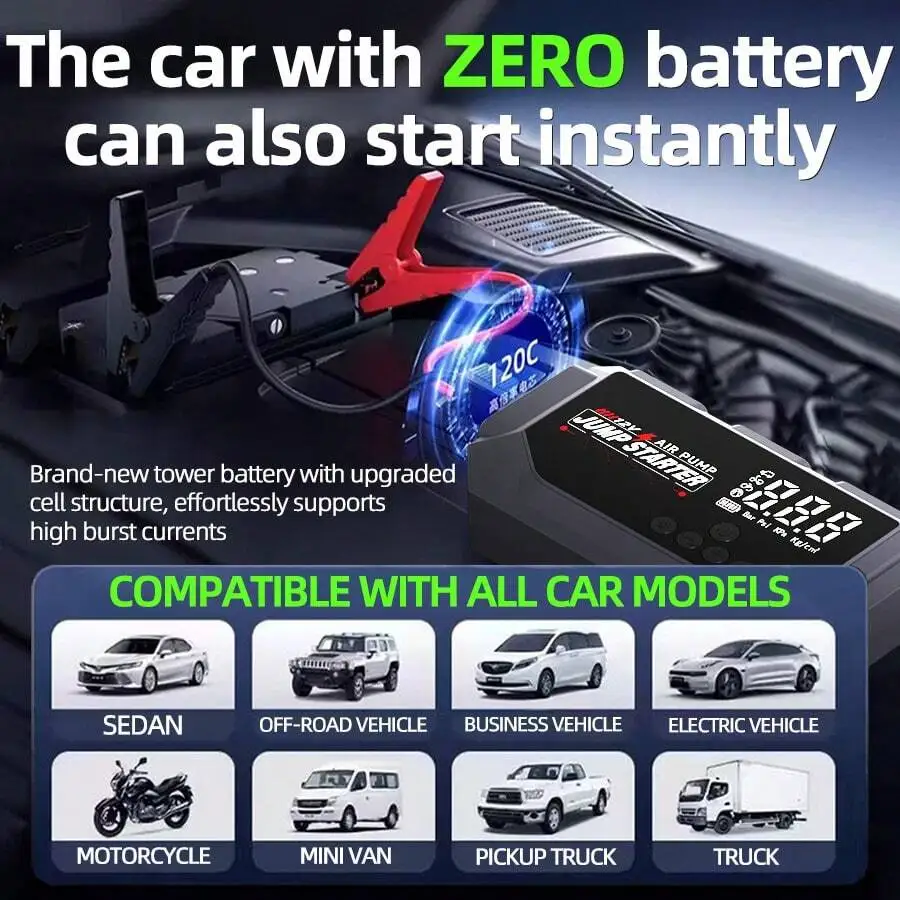 Portable 12V 8000A Smart Car Jump Starter With Air Compressor And Power Bank For All Vehicles
Portable 12V 8000A Smart Car Jump Starter With Air Compressor And Power Bank For All Vehicles