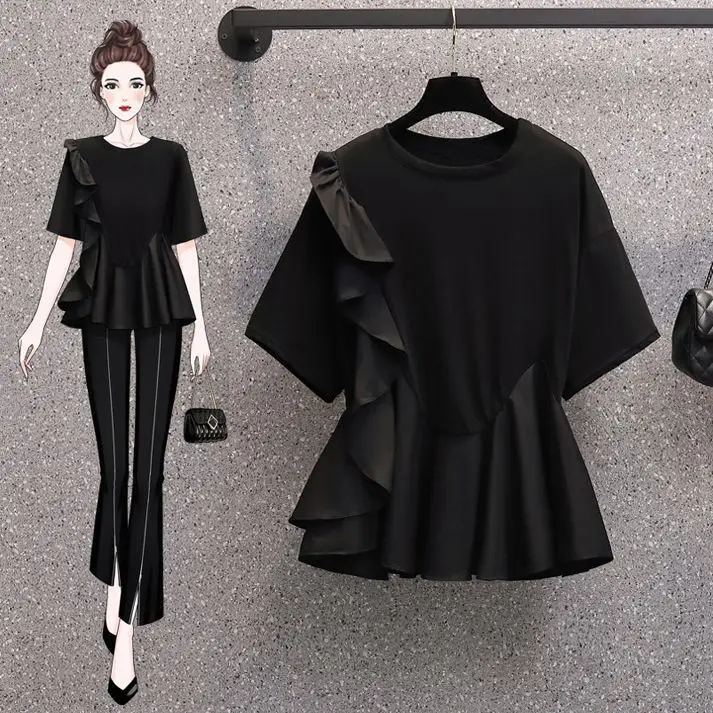 Elegant Temperament T-Shirts Solid Color Patchwork Round Neck Short Sleeve Ruffles Summer Thin Casual New Women's Clothing Q856
Elegant Temperament T-Shirts Solid Color Patchwork Round Neck Short Sleeve Ruffles Summer Thin Casual New Women's Clothing Q856