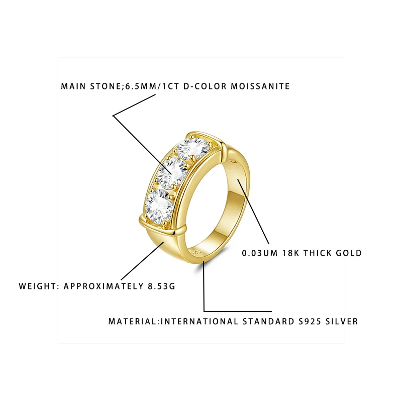 S925 Серебро 18 К Позолоченное Кольцо с муассанитом 1 карат D-цвета 6,5 мм Кольцо с тремя камнями Женские роскошные ювелирные изделия в подарок
S925 Серебро 18 К Позолоченное Кольцо с муассанитом 1 карат D-цвета 6,5 мм Кольцо с тремя камнями Женские роскошные ювелирные изделия в подарок