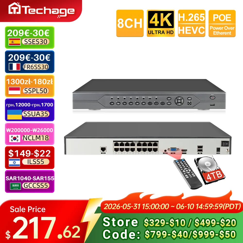 Techage 16CH 4K 8MP 5MP 4MP 2MP H.265 POE NVR Onvif P2P Remote View Network POE NVR for IP Camera Surveillance CCTV Set
Techage 16CH 4K 8MP 5MP 4MP 2MP H.265 POE NVR Onvif P2P Remote View Network POE NVR for IP Camera Surveillance CCTV Set