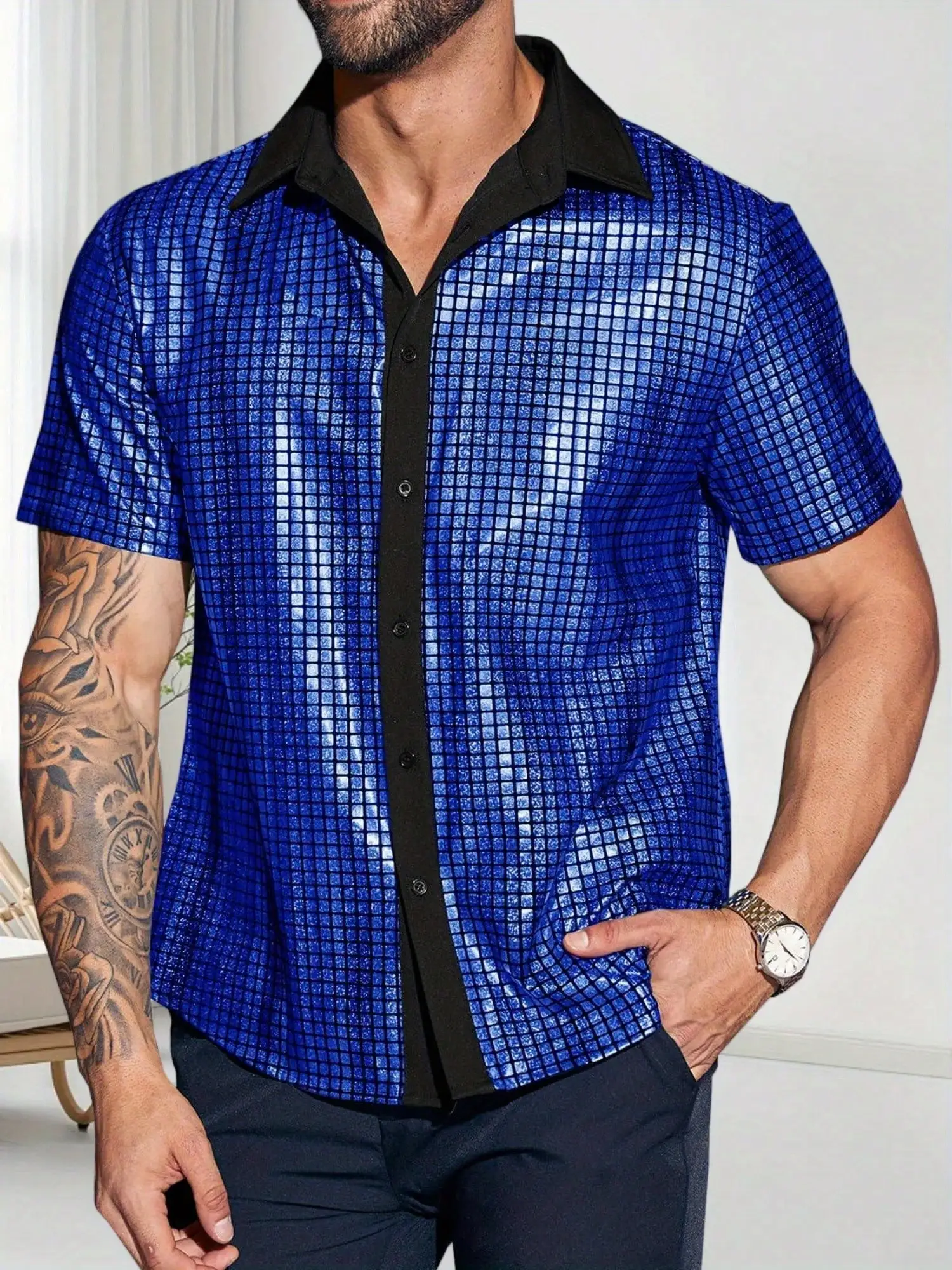 Mens Disco Shirt Short Sleeve Button Down Metallic Sequin Party Top
Mens Disco Shirt Short Sleeve Button Down Metallic Sequin Party Top