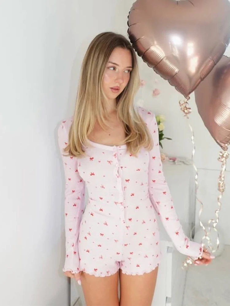 Bow Printed Playsuits For Women Fashion Sexy Cute Long Sleeves O-Neck Sheath Buttons Sleepwear Rompers Female Slim Fit Casual
Bow Printed Playsuits For Women Fashion Sexy Cute Long Sleeves O-Neck Sheath Buttons Sleepwear Rompers Female Slim Fit Casual