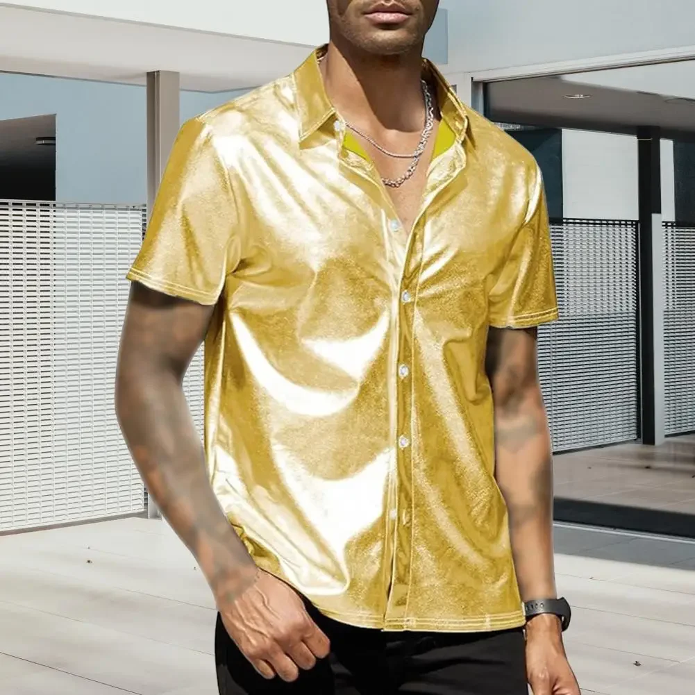 Pop Men Summer Shirt Glossy Surface Turn-down Collar Single-breasted Cardigan Loose Party Shirt Mid Length Casual Wear Top
Pop Men Summer Shirt Glossy Surface Turn-down Collar Single-breasted Cardigan Loose Party Shirt Mid Length Casual Wear Top