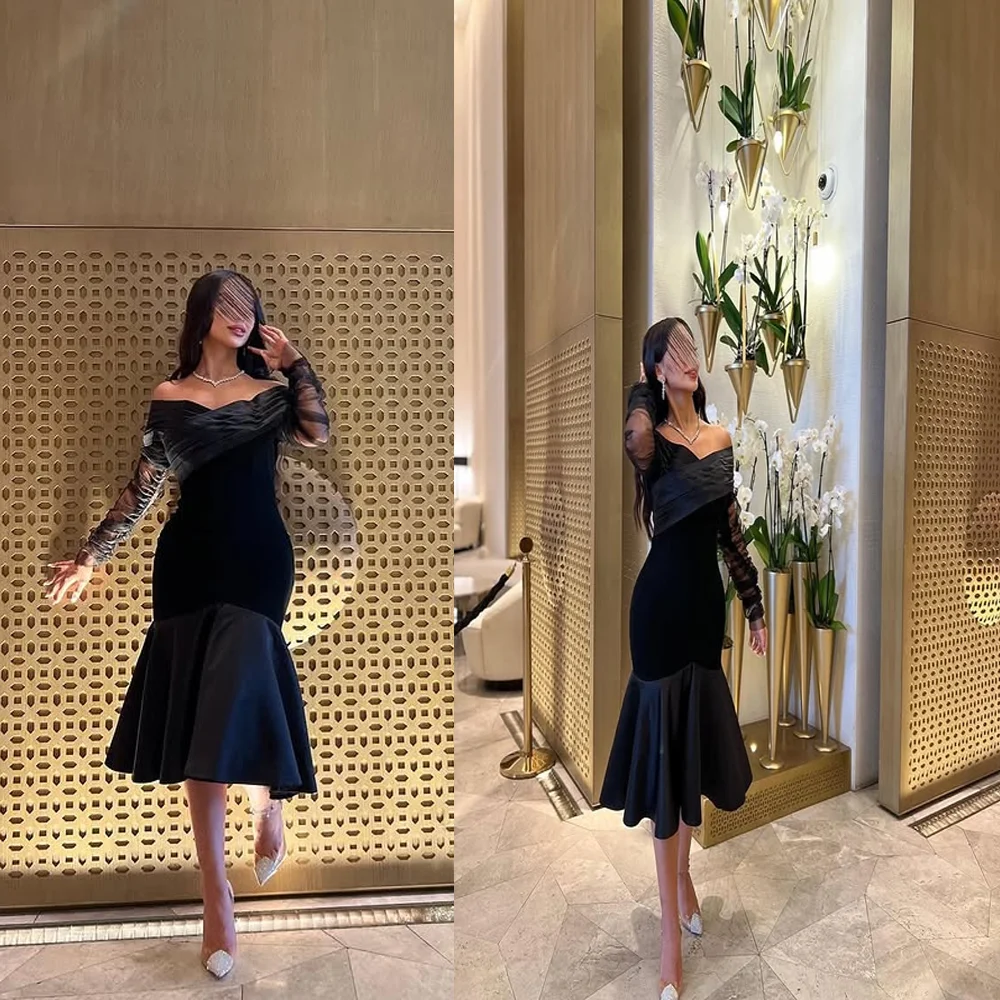 Simple Off Shoulder Satin Pleated Long Illusion Sleeve Evening Dress Backless Sheath Tea Length Prom Gown for Bridal Customized
Simple Off Shoulder Satin Pleated Long Illusion Sleeve Evening Dress Backless Sheath Tea Length Prom Gown for Bridal Customized
