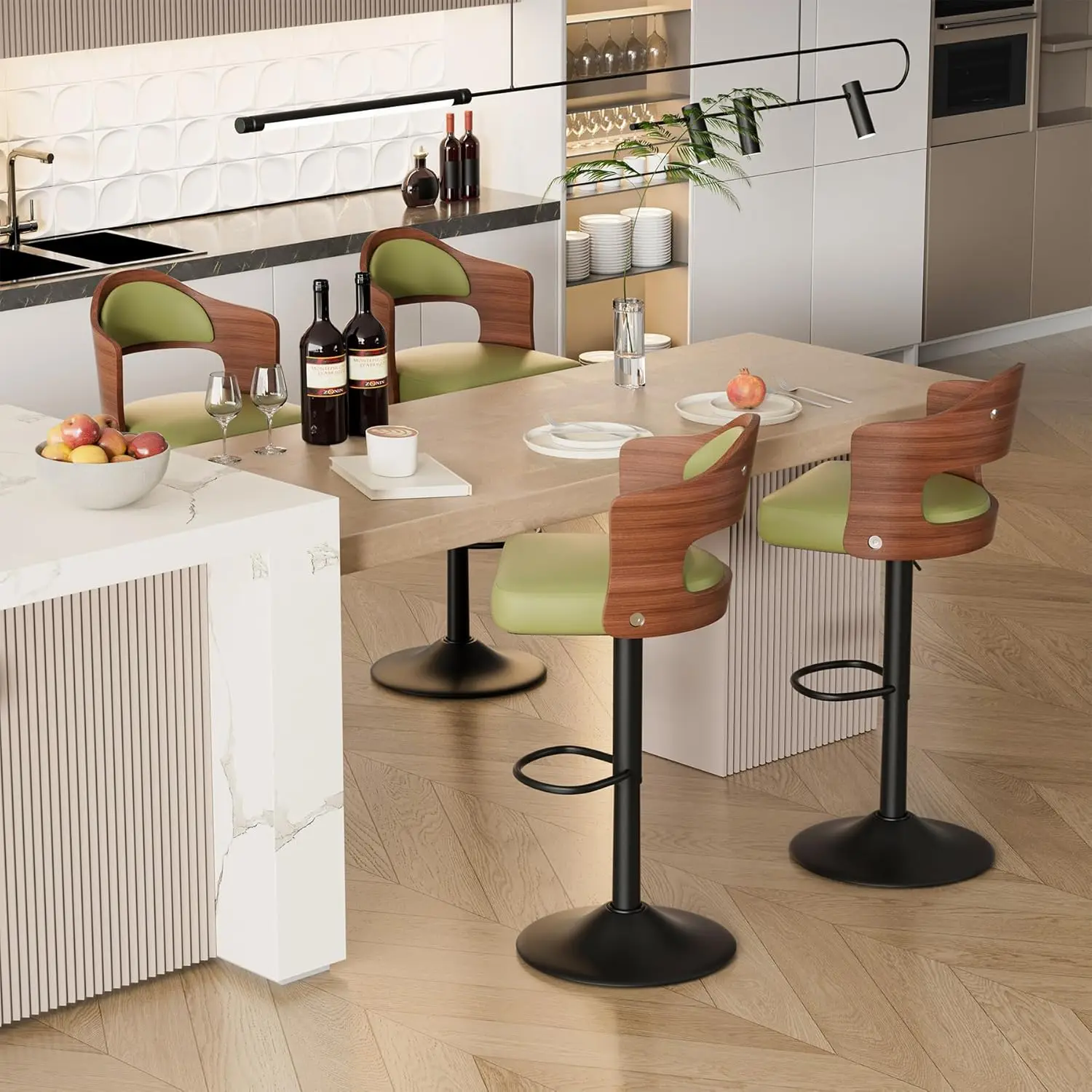 Swivel Bar Stools Set of 4, Wooden Upholstered PU Leather Barstools with Back & Footrest,Seat Adjustable Height, Custom
Swivel Bar Stools Set of 4, Wooden Upholstered PU Leather Barstools with Back & Footrest,Seat Adjustable Height, Custom