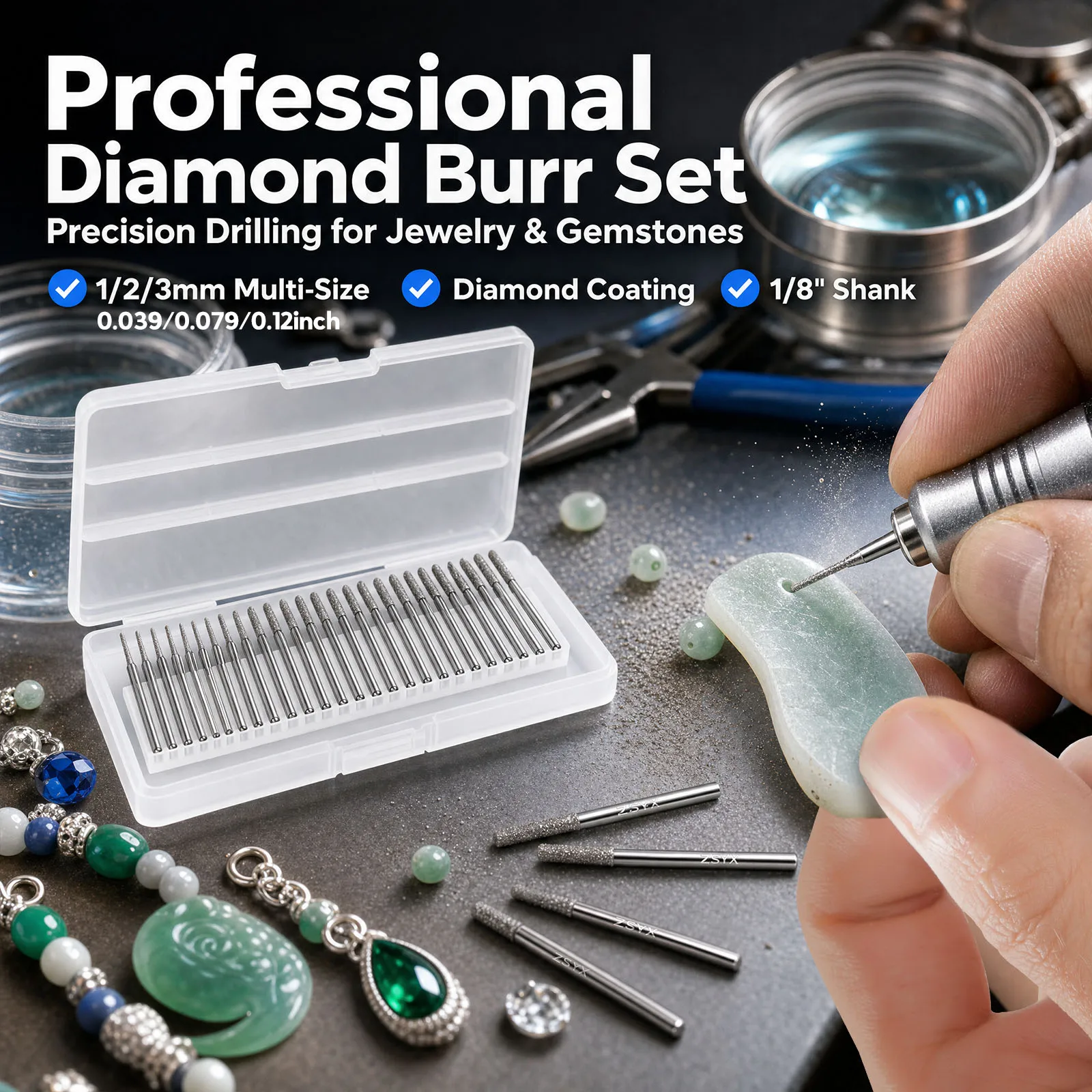 Diamond Drill Bits 1/8 Inch Standard Shank Rotary Tool Accessories 30pcs Lapidary Burrs Set for Glass Tile Stone Gemstones
Diamond Drill Bits 1/8 Inch Standard Shank Rotary Tool Accessories 30pcs Lapidary Burrs Set for Glass Tile Stone Gemstones