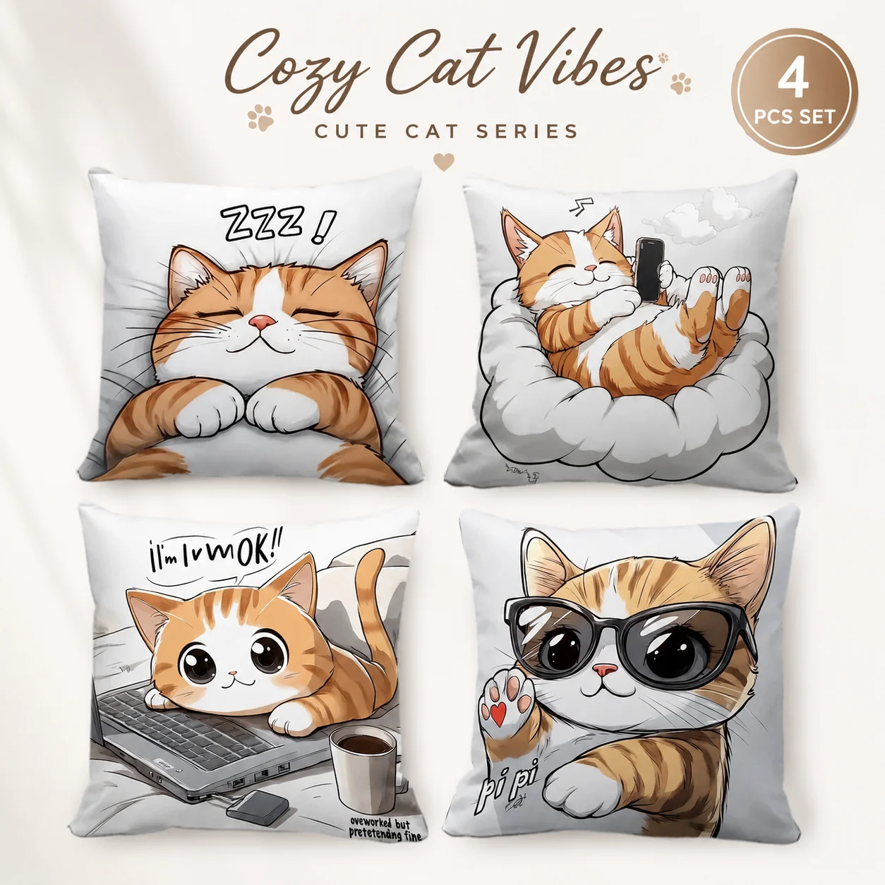 4Pcs Cute Cat Cushion Covers Set 2D Flat Printed Peach Skin Funny Cartoon Pillow Case Coussin Room Decor For Sofa Bedroom
4Pcs Cute Cat Cushion Covers Set 2D Flat Printed Peach Skin Funny Cartoon Pillow Case Coussin Room Decor For Sofa Bedroom