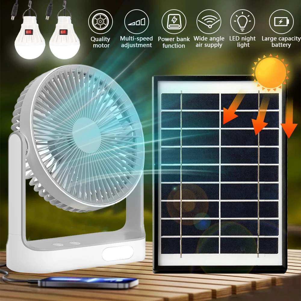 Multifunctional Solar Fan Kit with Solar Panel 2 LED Bulbs Rechargeable Desk Fan with Night Light for Camping Emergency Home Use
Multifunctional Solar Fan Kit with Solar Panel 2 LED Bulbs Rechargeable Desk Fan with Night Light for Camping Emergency Home Use