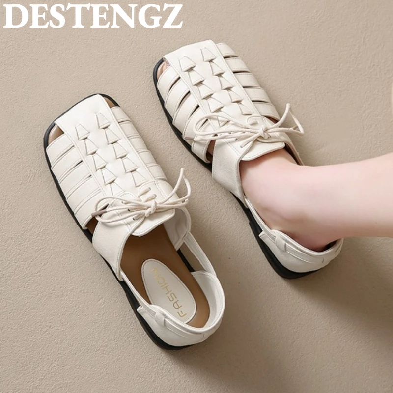 Hollow Women Sandals Summer Flats Shoes Loafers 2025 New Shallow Casual Dress Lace-Up Shoes Designer Retro Comfort Sandalias
Hollow Women Sandals Summer Flats Shoes Loafers 2025 New Shallow Casual Dress Lace-Up Shoes Designer Retro Comfort Sandalias