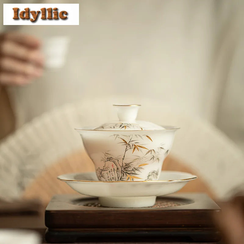140ml Mutton Fat Jade Icy Gold-inlaid Jade Bamboo Gaiwan Luxury Tea Tureen Tea Bowl With Lid Kit Tea Making Cover Bowl Cha Craft 
140ml Mutton Fat Jade Icy Gold-inlaid Jade Bamboo Gaiwan Luxury Tea Tureen Tea Bowl With Lid Kit Tea Making Cover Bowl Cha Craft
