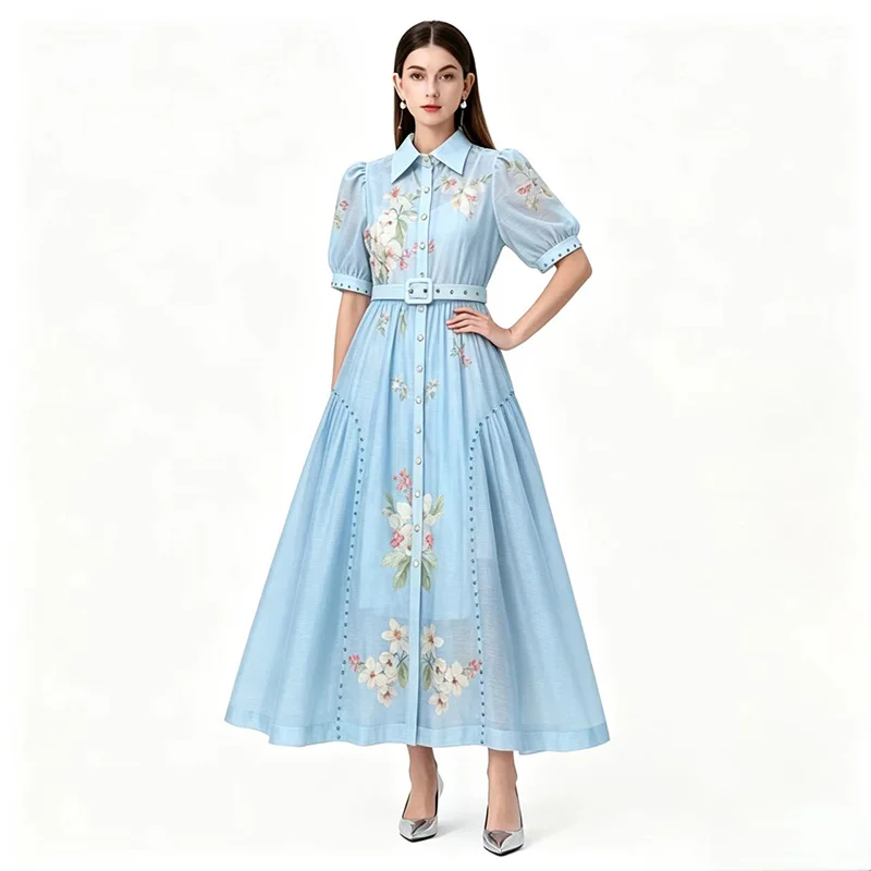 Vintage Floral Print Shirt Maxi Dress Women Casual Puff Sleeve Belted A-Line Dresses Elegant Long Robe for Spring Summer
Vintage Floral Print Shirt Maxi Dress Women Casual Puff Sleeve Belted A-Line Dresses Elegant Long Robe for Spring Summer