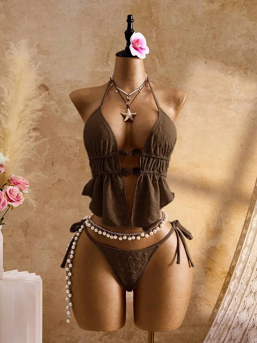 Womens Halter Backless Ruffle Hem Beaded Tankini Swimwear Set Brown
Womens Halter Backless Ruffle Hem Beaded Tankini Swimwear Set Brown