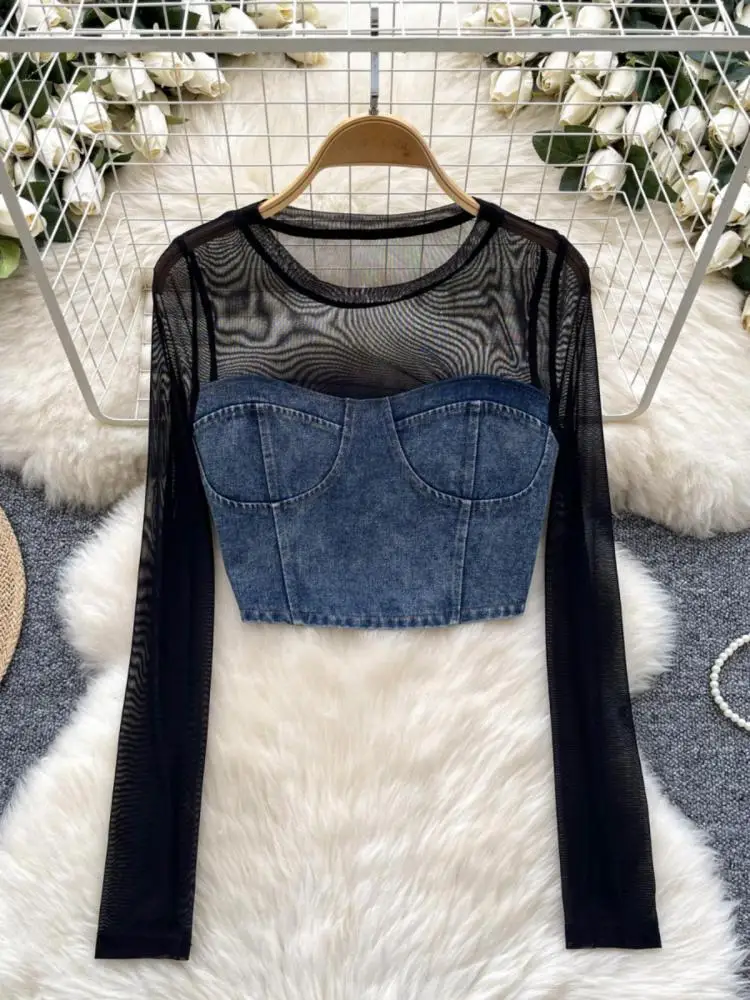 Retro Women Denim Patchwork Mesh Long Sleeved Short Top Autumn Korean Fashion Versatile Elegant Round Neck T Shirt Trend Popular
Retro Women Denim Patchwork Mesh Long Sleeved Short Top Autumn Korean Fashion Versatile Elegant Round Neck T Shirt Trend Popular