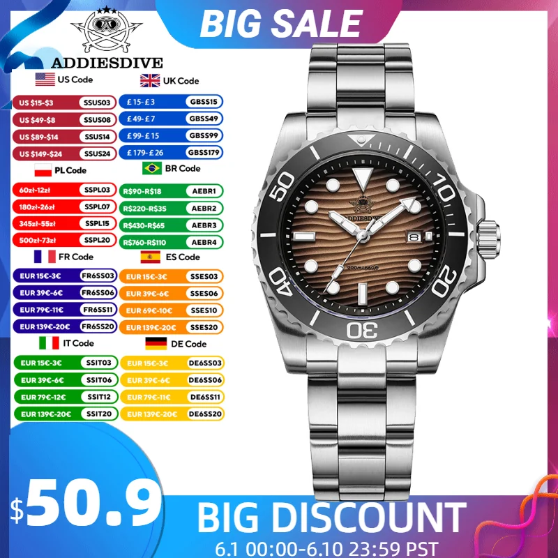 ADDIESDIVE New Men Watch Luxury Desert Dial 200m Diving Quartz Watch Waterproof 316L Stainless Steel Luminous 41mm Wristwatches
ADDIESDIVE New Men Watch Luxury Desert Dial 200m Diving Quartz Watch Waterproof 316L Stainless Steel Luminous 41mm Wristwatches