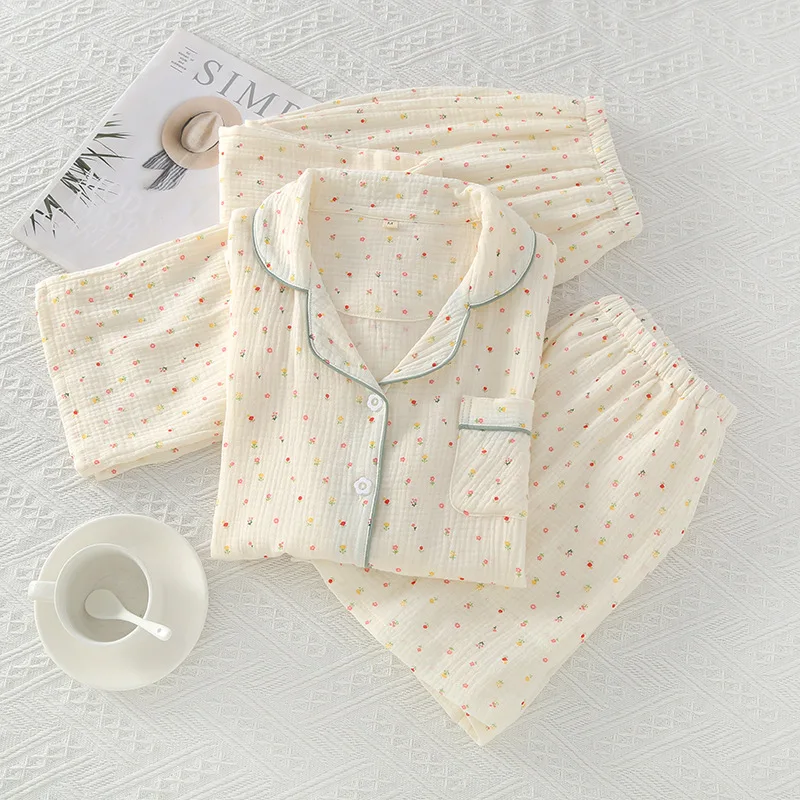 Pajamas Pure Cotton 3PCS Set Spring Summer Thin Crepe Autumn Gauze Lapel Short-sleeved Trousers Shorts Loungewear Set
Pajamas Pure Cotton 3PCS Set Spring Summer Thin Crepe Autumn Gauze Lapel Short-sleeved Trousers Shorts Loungewear Set