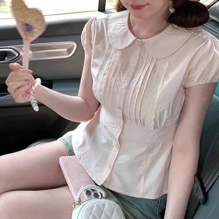 Pink Doll Collar Waist Short Sleeved Shirt Women's Summer Design Lace Shirts & Blouses Blusas Mujer Korean Chic Top
Pink Doll Collar Waist Short Sleeved Shirt Women's Summer Design Lace Shirts & Blouses Blusas Mujer Korean Chic Top