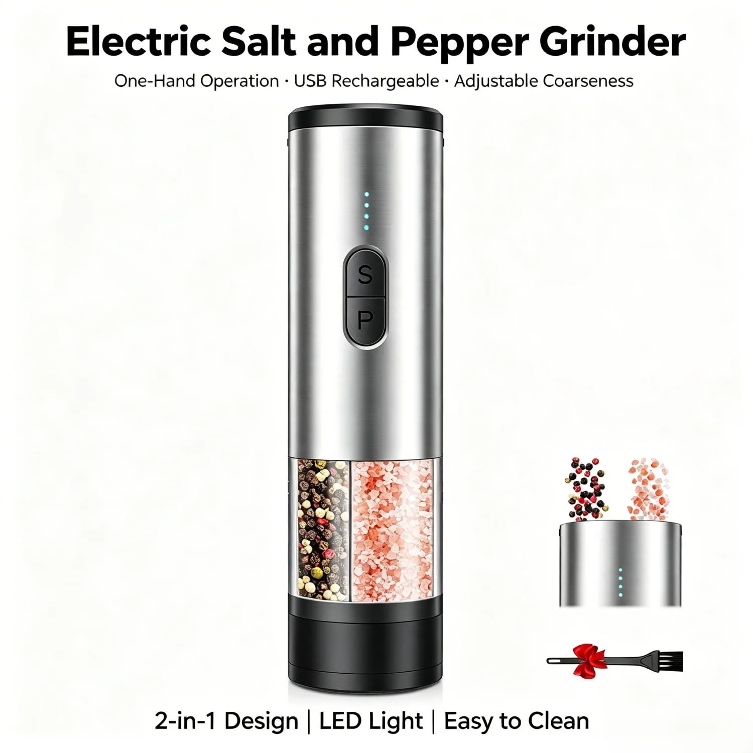 Electric Salt and Pepper Grinder Set 2 in 1 Rechargeable Type C Automatic Spice Mill Adjustable Coarseness LED Light One Touch
Electric Salt and Pepper Grinder Set 2 in 1 Rechargeable Type C Automatic Spice Mill Adjustable Coarseness LED Light One Touch