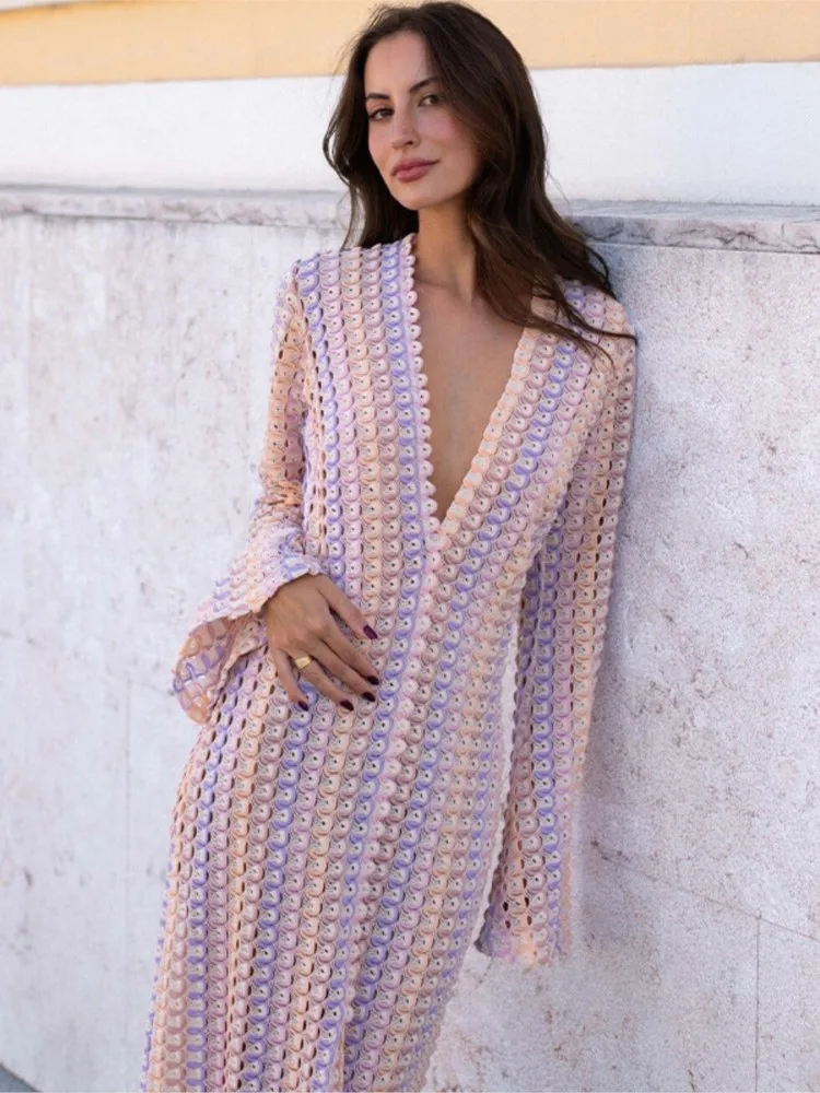 Autumn New Crochet Colorful Stripe Maxi Dress Women Fashion Deep V-neck High Split Sexy Long Dresses Beach Banquet Vestidos
Autumn New Crochet Colorful Stripe Maxi Dress Women Fashion Deep V-neck High Split Sexy Long Dresses Beach Banquet Vestidos