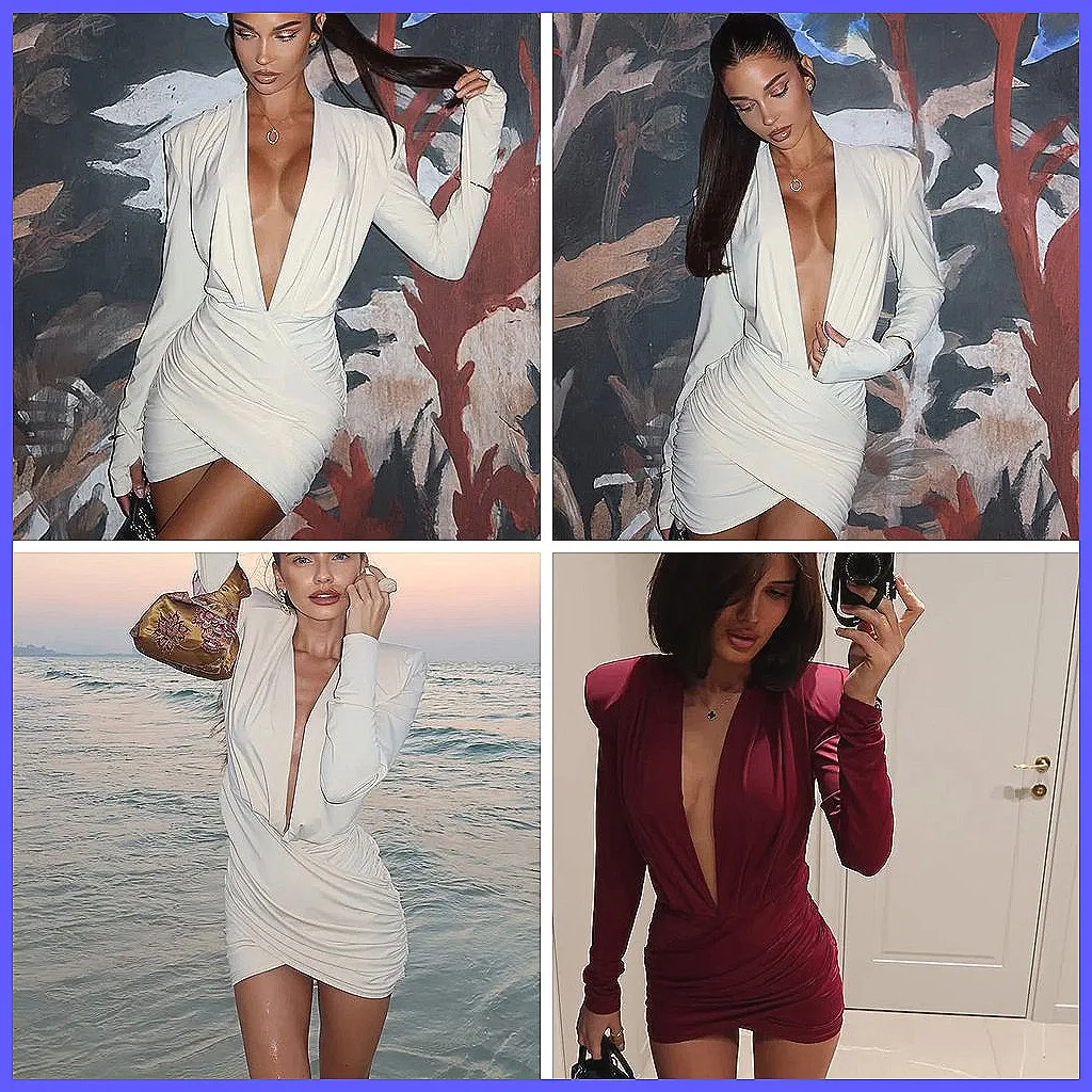 Sexy Deep V-Neck Bodycon Mini Dress with Shoulder Pads, 2026 Slim Pleated Beach Dress for Women
Sexy Deep V-Neck Bodycon Mini Dress with Shoulder Pads, 2026 Slim Pleated Beach Dress for Women