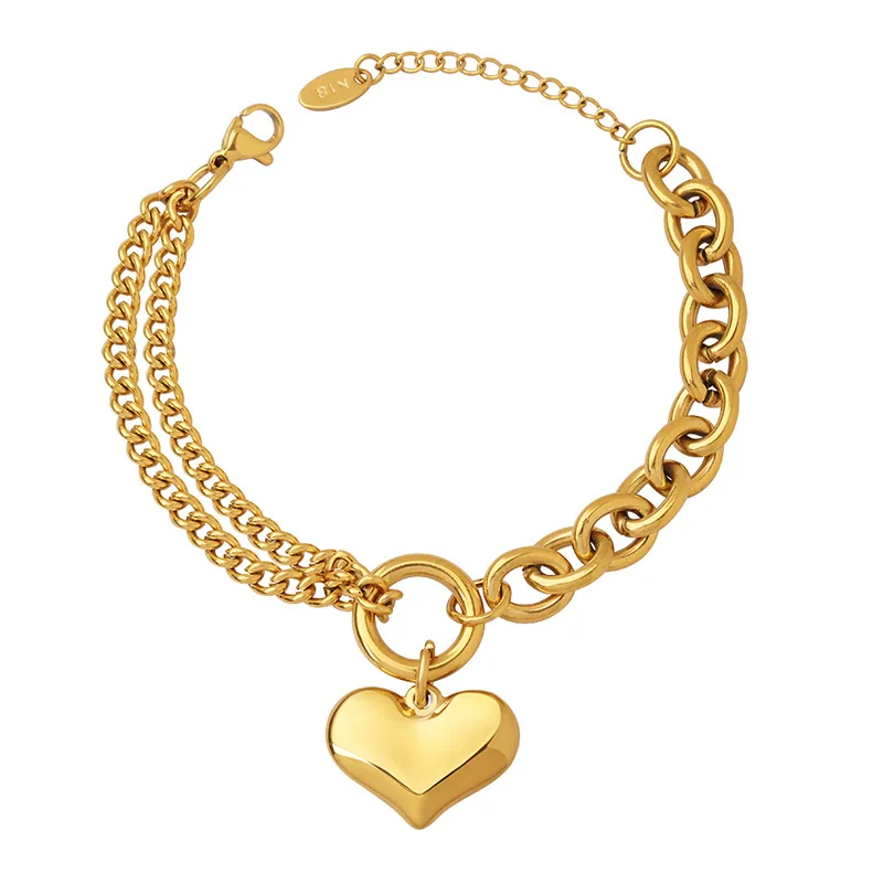 18K Gold Plated Stainless Steel Asymmetric Heart Charm Bracelet Women Double Layer Cuban Chain Waterproof Fashion Jewelry Gift
18K Gold Plated Stainless Steel Asymmetric Heart Charm Bracelet Women Double Layer Cuban Chain Waterproof Fashion Jewelry Gift