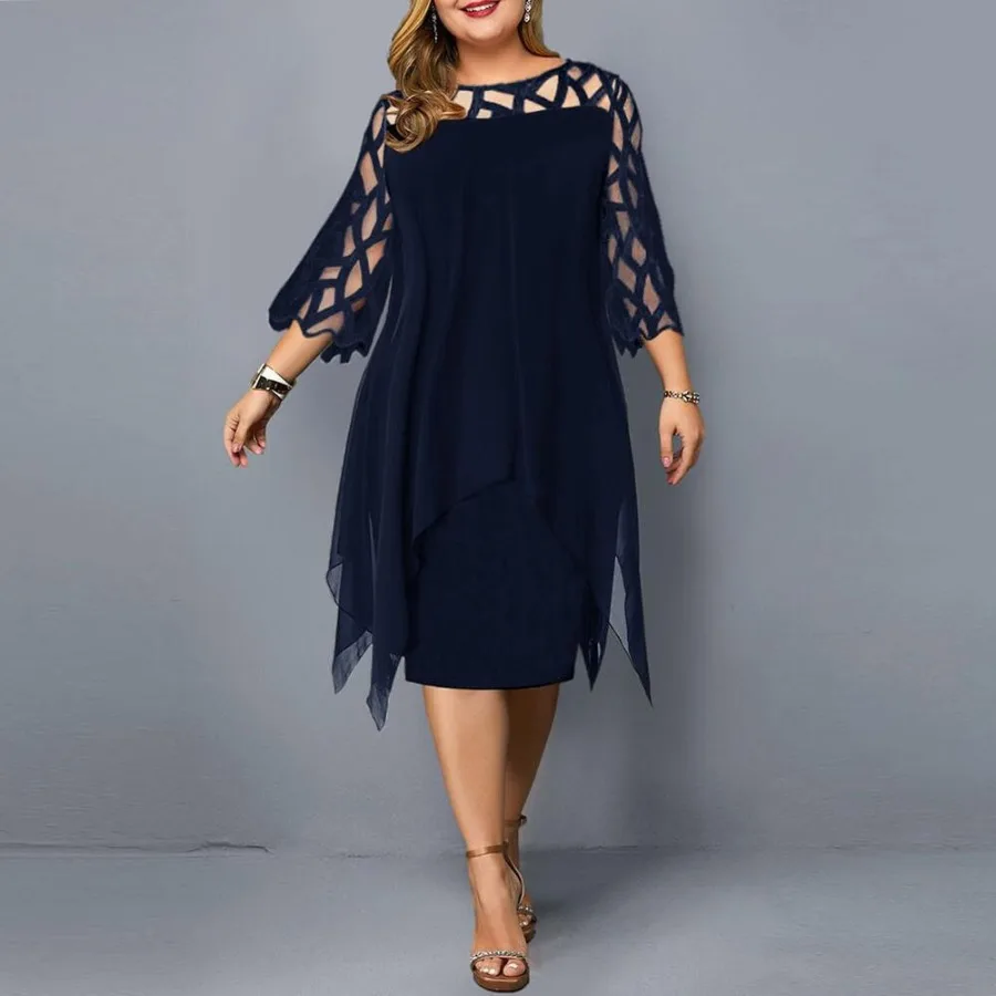 【New style】 eBay European and American lace stitching quarter sleeves irregular chiffon hem large size dress in stock
【New style】 eBay European and American lace stitching quarter sleeves irregular chiffon hem large size dress in stock