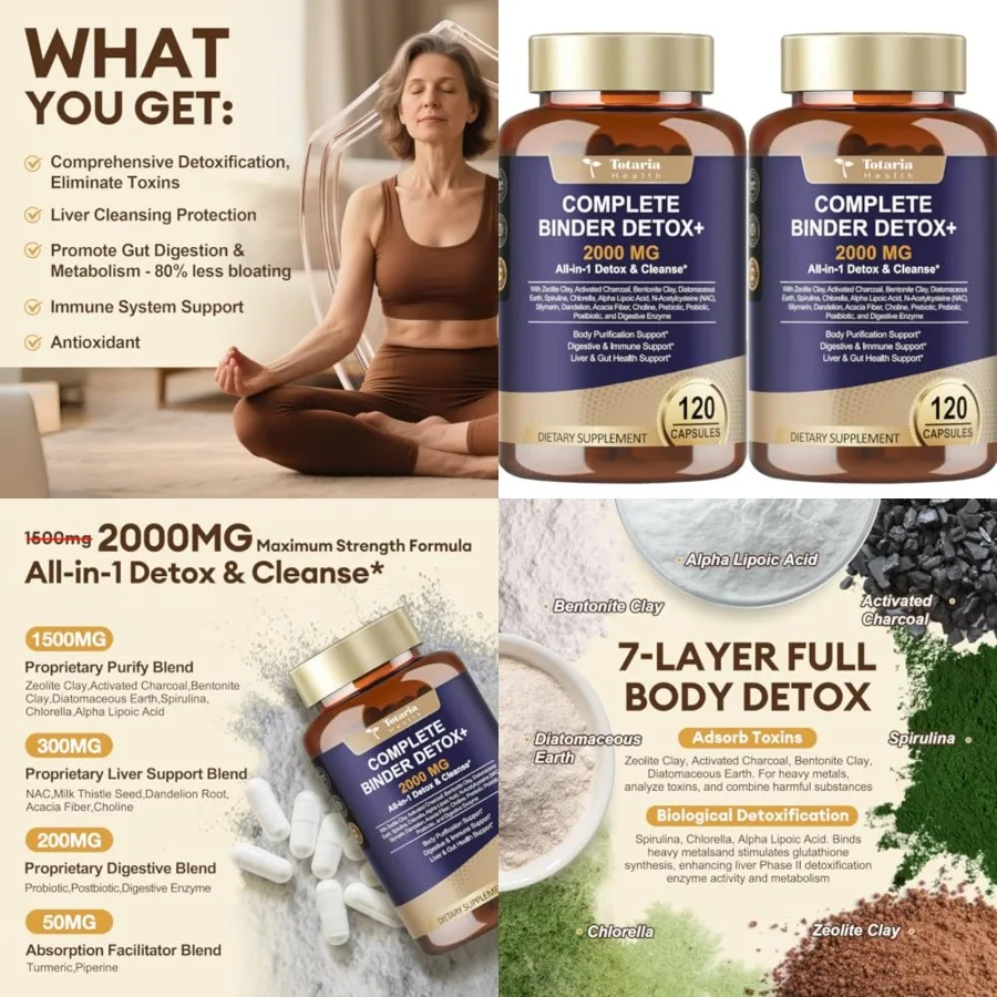 000MG Complete Binder Detox+ Activated Charcoal, Zeolite, Bentonite Clay, NAC, Milk Thistle, Probiotic, All-in-1 Detox and Clea
000MG Complete Binder Detox+ Activated Charcoal, Zeolite, Bentonite Clay, NAC, Milk Thistle, Probiotic, All-in-1 Detox and Clea