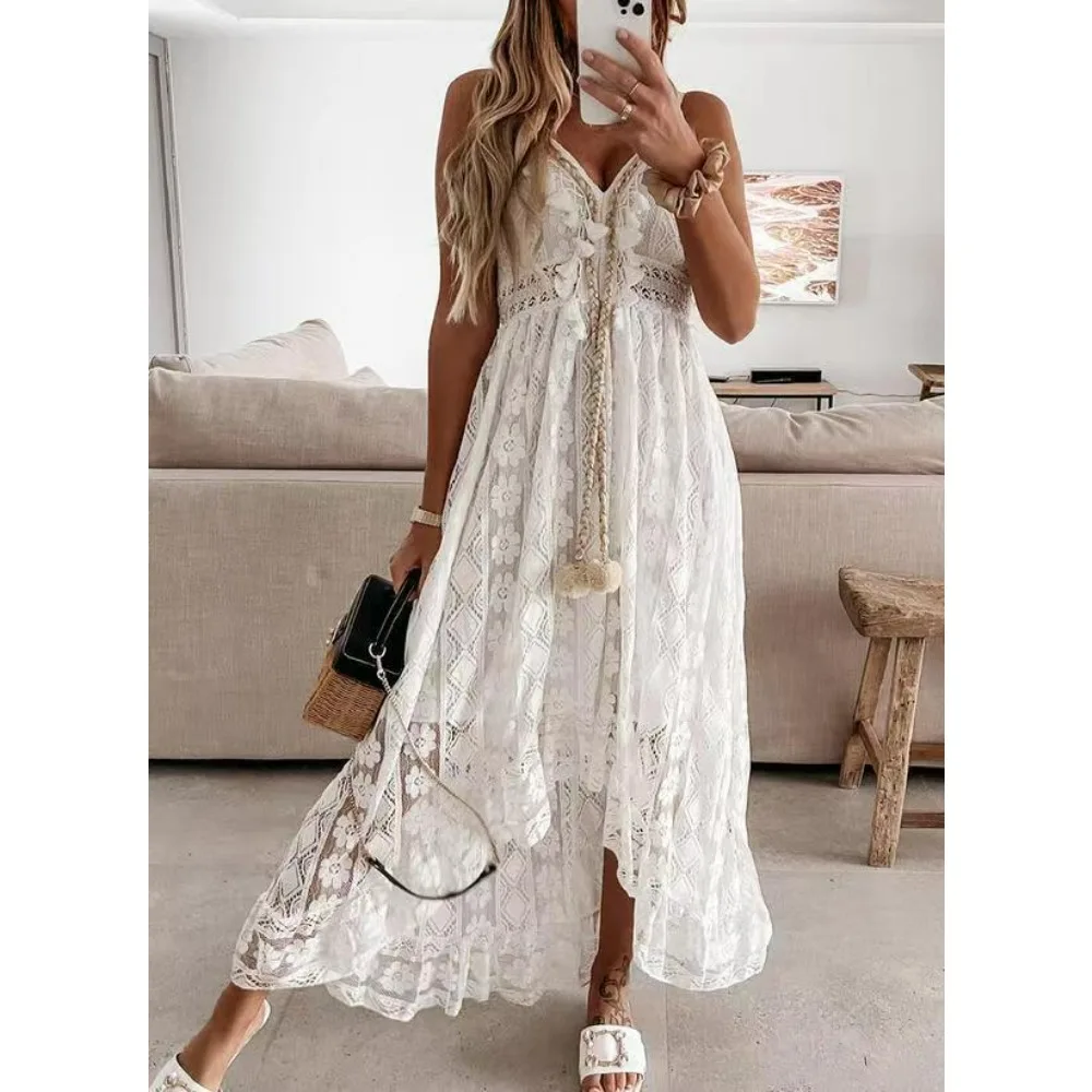 Women Elegant Lace V Neck Maxi Dress Spaghetti Strap Crochet Waist Slit Flowy Dress for Wedding Guest and Bridesmaid Events
Women Elegant Lace V Neck Maxi Dress Spaghetti Strap Crochet Waist Slit Flowy Dress for Wedding Guest and Bridesmaid Events
