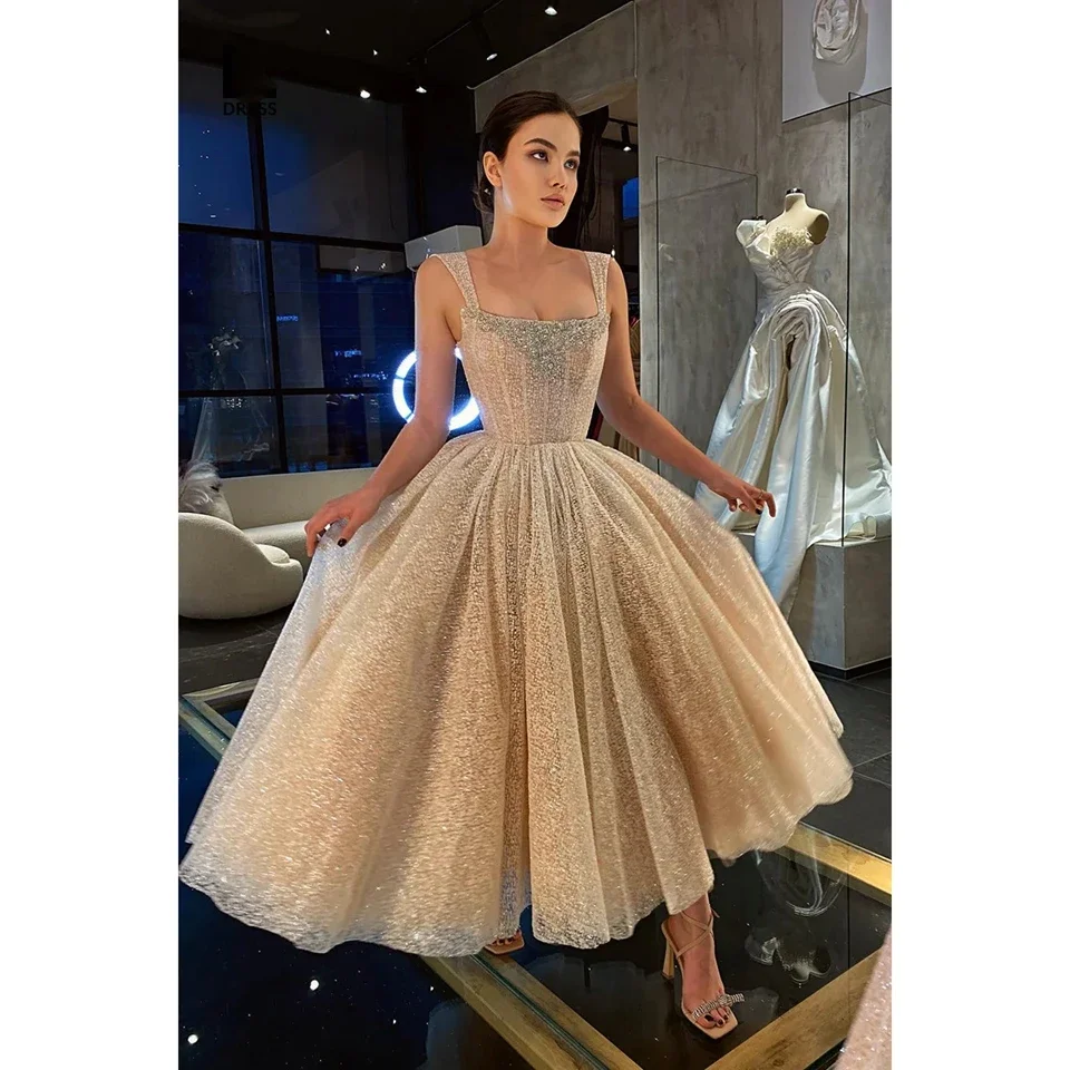 Champagne Square Collar Spaghetti Straps Prom Dresses A-Line Ankle-lengh Beaded Tulle Corset Back Custom Made Formal Gown 2024
Champagne Square Collar Spaghetti Straps Prom Dresses A-Line Ankle-lengh Beaded Tulle Corset Back Custom Made Formal Gown 2024