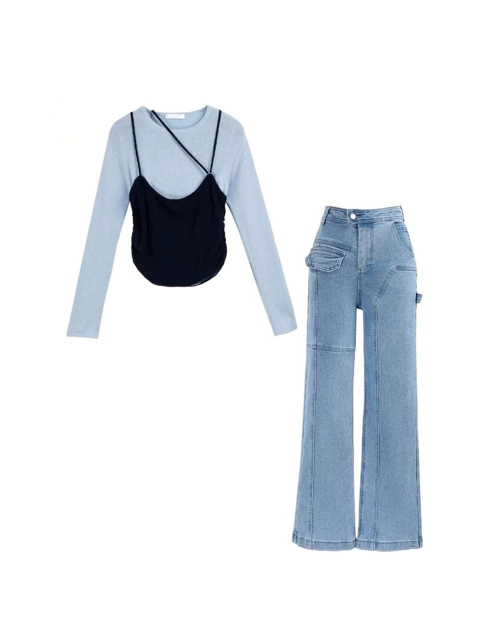 Blue Splice Long Sve Design Sense Straight Jeans Women's Spring Matching Set Faionable Two-Piece Suit Korean Sle
Blue Splice Long Sve Design Sense Straight Jeans Women's Spring Matching Set Faionable Two-Piece Suit Korean Sle