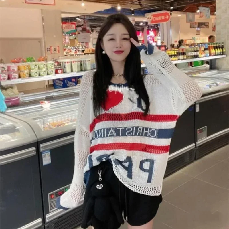 Spring Autumn Letter Love Printed Thin Knitted Sweater Women Sweet Hollow Out O-Neck Long Sleeve Pullovers White Loose Jumpers
Spring Autumn Letter Love Printed Thin Knitted Sweater Women Sweet Hollow Out O-Neck Long Sleeve Pullovers White Loose Jumpers
