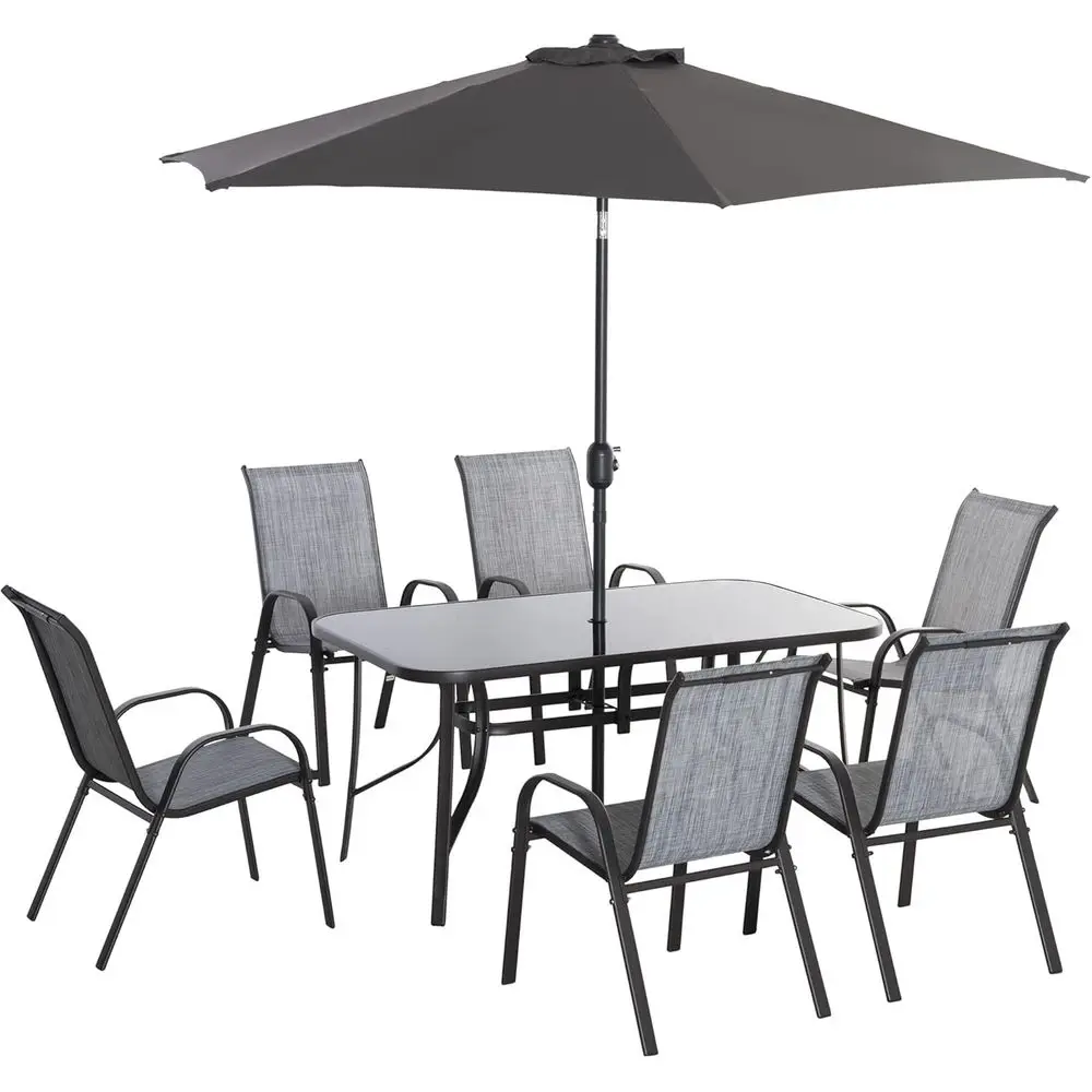 Gray 8-Piece Patio Furniture Set with 9ft Umbrella, Outdoor Dining Table, 6 Chairs, Crank Lift Parasol, Tempered Glass Top
Gray 8-Piece Patio Furniture Set with 9ft Umbrella, Outdoor Dining Table, 6 Chairs, Crank Lift Parasol, Tempered Glass Top