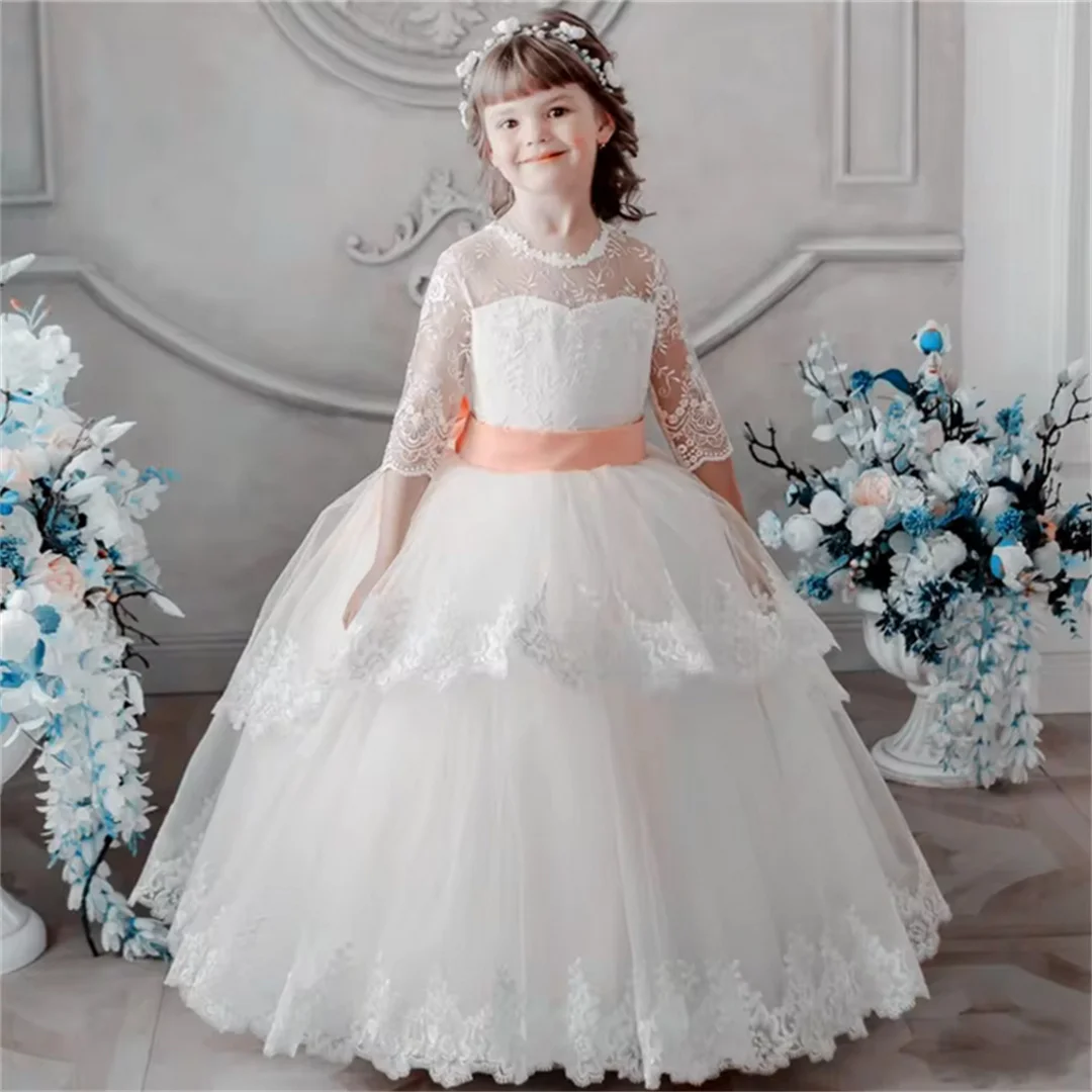 Communion Gowns Lovely White Flower Girl Dresses Tulle Lace Appliques Pink Bow Half Sleeve For Wedding Birthday GIft
Communion Gowns Lovely White Flower Girl Dresses Tulle Lace Appliques Pink Bow Half Sleeve For Wedding Birthday GIft