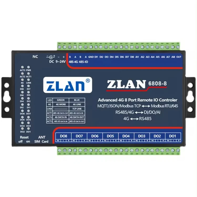 Шлюз 4G Modbus, модуль последовательного порта Ethernet JSON modbus rs485 MQTT RS485, 8 портов DI/DO/AI Ethernet io ZLAN6808-8 
Шлюз 4G Modbus, модуль последовательного порта Ethernet JSON modbus rs485 MQTT RS485, 8 портов DI/DO/AI Ethernet io ZLAN6808-8