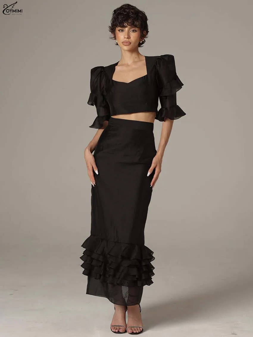 Oymimi Elegant Black 2 Pieces Set For Woman Fashion V-Neck Half Sleeve Crop Tops And High Waist Ruffled Ankle-Length Skirts Sets
Oymimi Elegant Black 2 Pieces Set For Woman Fashion V-Neck Half Sleeve Crop Tops And High Waist Ruffled Ankle-Length Skirts Sets