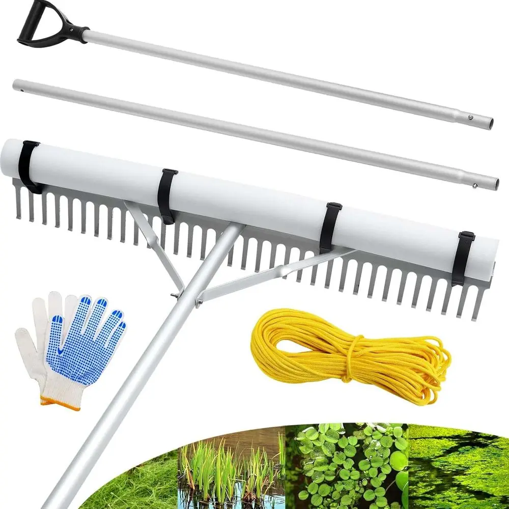 loating Lake Rake, 36" All pose Lake and Landse Rake with 11' Extension Handle and 52' Rope, Weed & Aae Removal