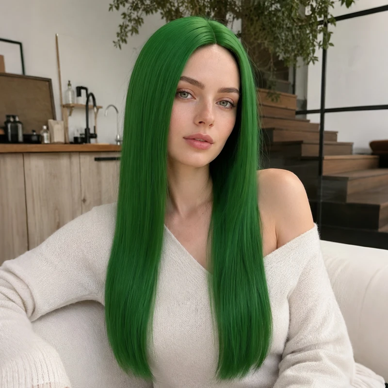 Women's long, straight synthetic wig, green, center parted, 28 inches, suitable for parties and cosplay.
Women's long, straight synthetic wig, green, center parted, 28 inches, suitable for parties and cosplay.