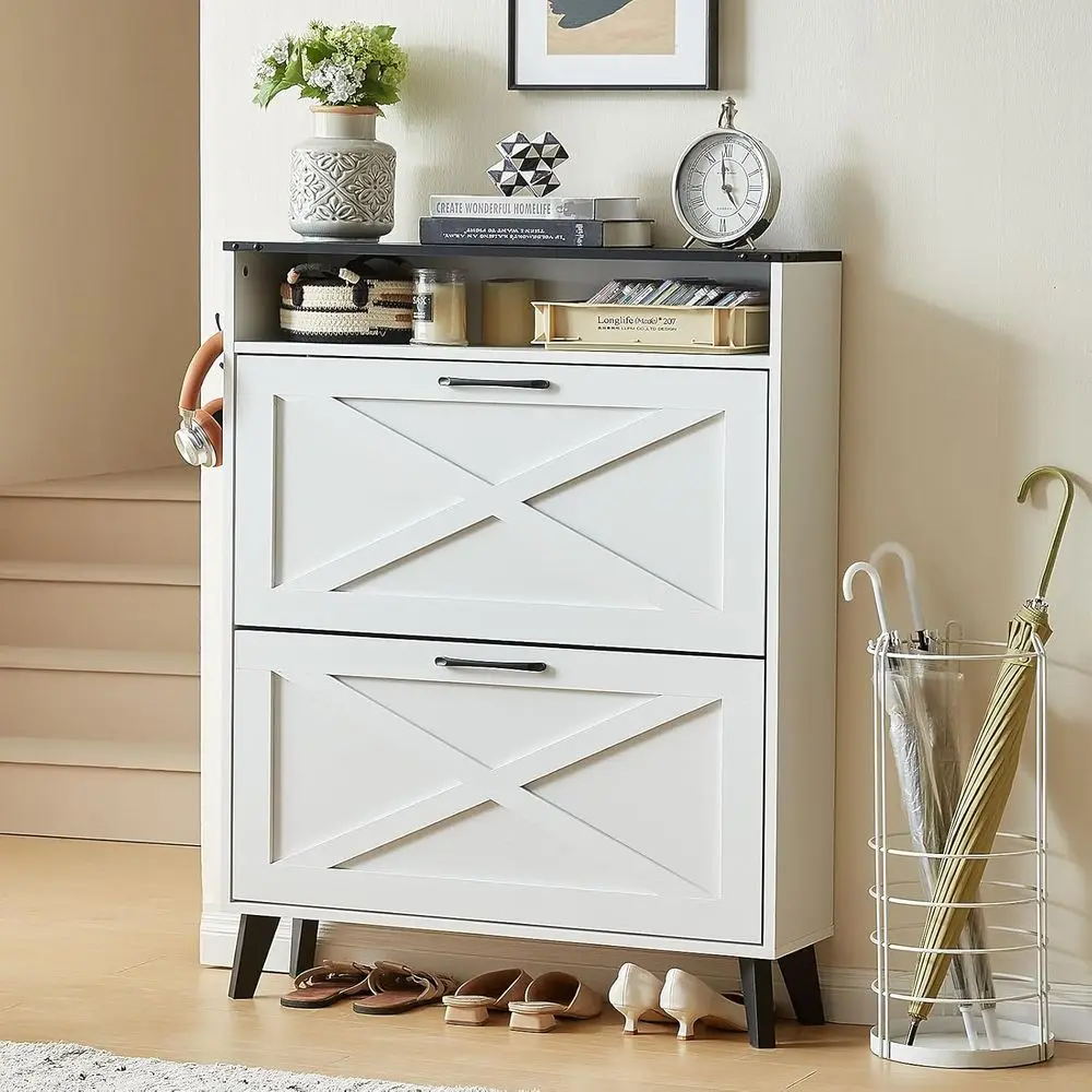 Narrow Shoe Storage Cabinet with 2 Drawers, Wooden Legged Organizer for Entryway, Freestanding Shoe Rack for Hallway in White
Narrow Shoe Storage Cabinet with 2 Drawers, Wooden Legged Organizer for Entryway, Freestanding Shoe Rack for Hallway in White