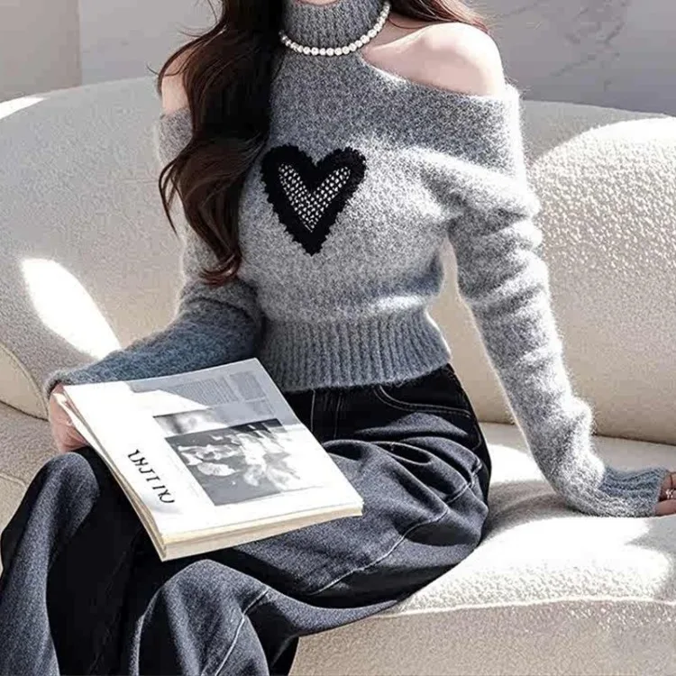 Fashion Sweet Heart Print Gray Knitted Pullover Turtleneck Off Shoulder Sweaters Mujer Spring New Slim Fit Long Sleeve Tops
Fashion Sweet Heart Print Gray Knitted Pullover Turtleneck Off Shoulder Sweaters Mujer Spring New Slim Fit Long Sleeve Tops