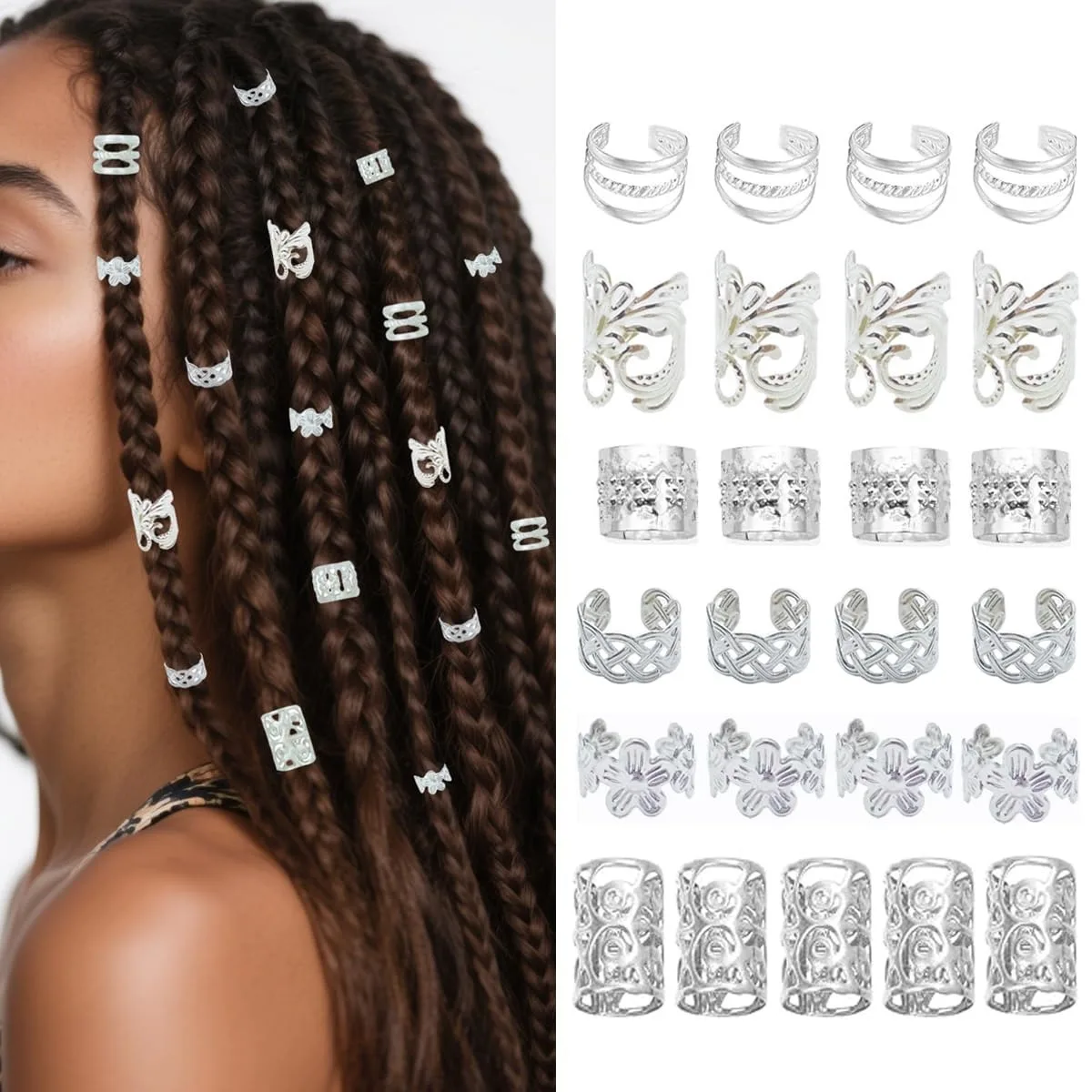 60 Piece Silver Dreadlock Hair Ring Ear Cuff DIY Wig Handmade Decoration Kit
60 Piece Silver Dreadlock Hair Ring Ear Cuff DIY Wig Handmade Decoration Kit