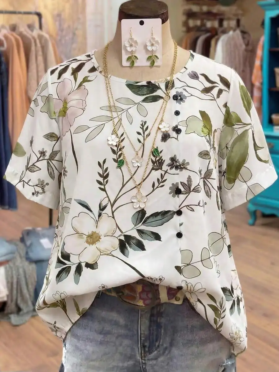 Women Floral Print Round Neck Short Sleeve Button Front Casual Blouse
Women Floral Print Round Neck Short Sleeve Button Front Casual Blouse