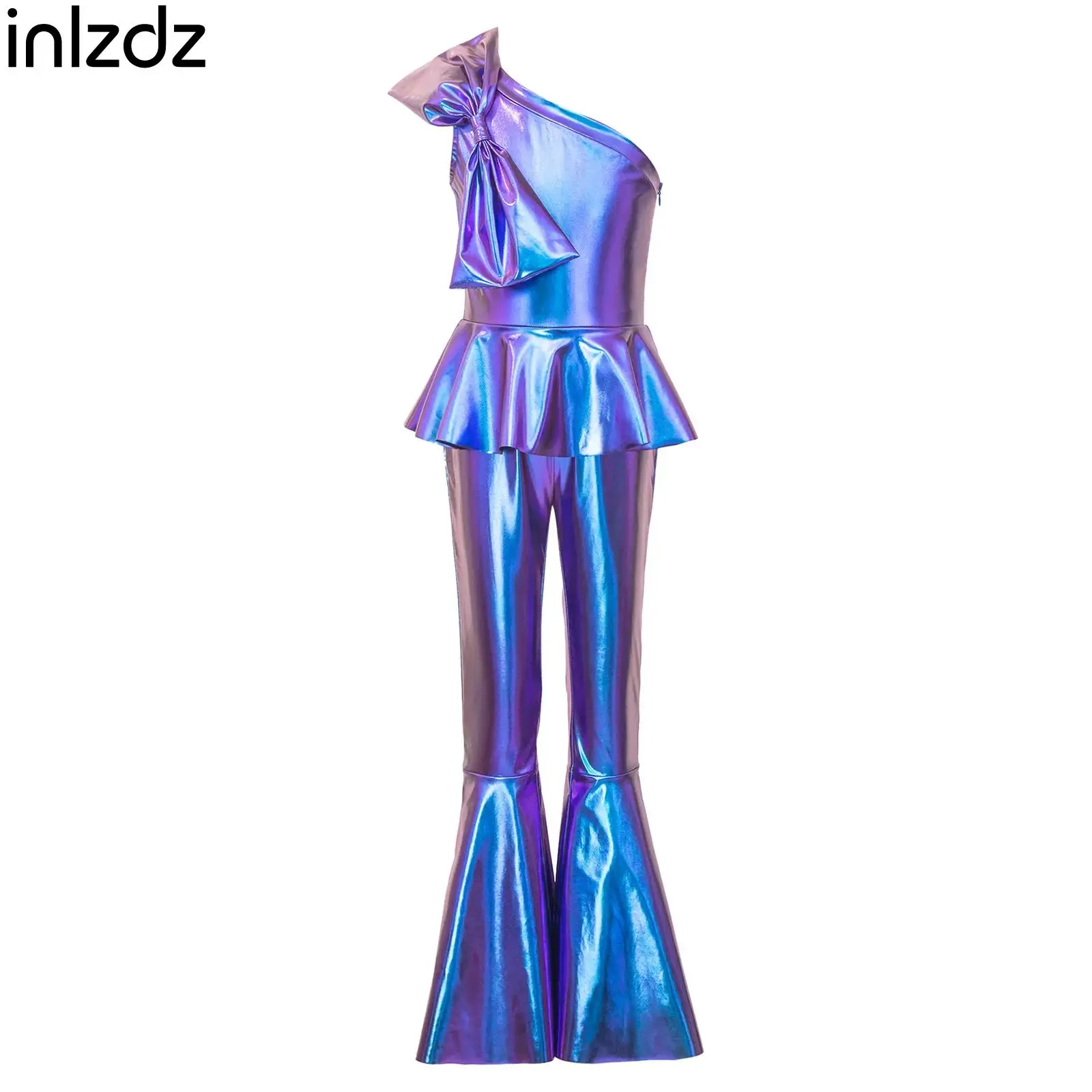 Girls Jazz Hip Hop Dance Jumpsuit Metallic Flared Pants One Shoulder Bowtie Decor Ruffle Rompers for Disco Hippie Stage Costume
Girls Jazz Hip Hop Dance Jumpsuit Metallic Flared Pants One Shoulder Bowtie Decor Ruffle Rompers for Disco Hippie Stage Costume