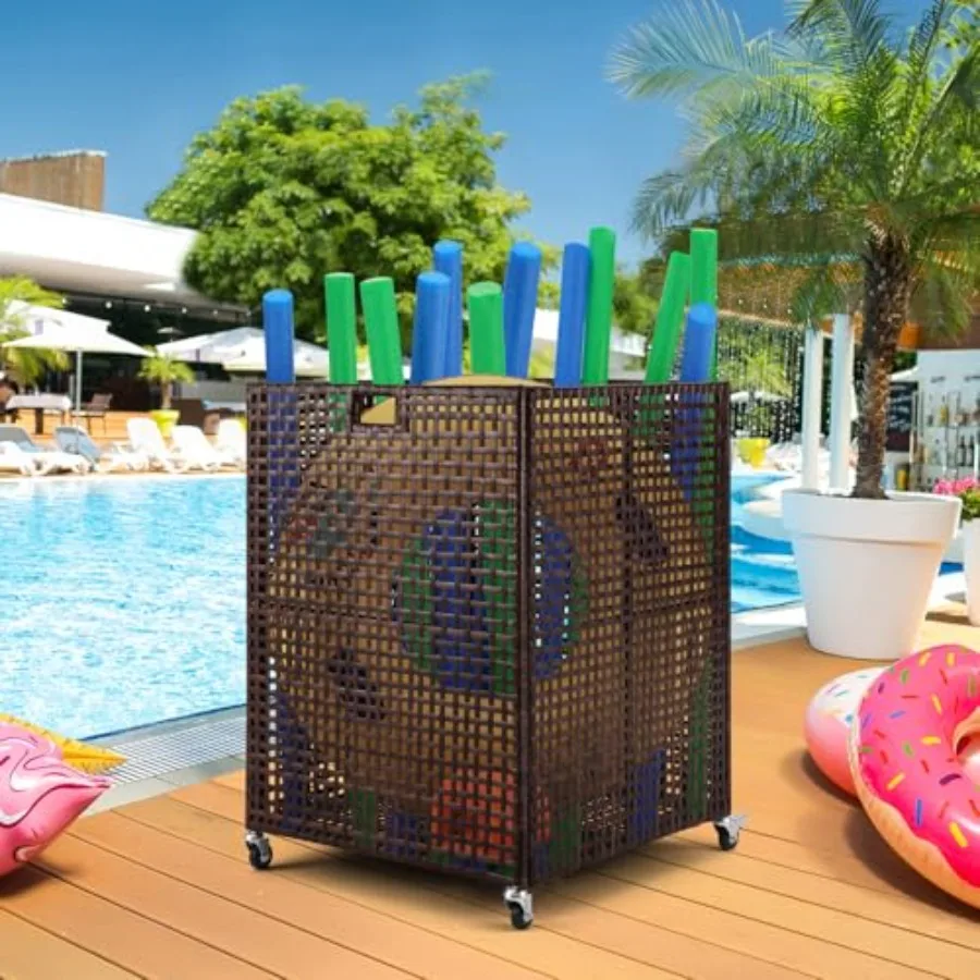Outdoor Pool Toy Storage Bin with Wicker Mesh Brown Rolling Caddy for Floats Noodles Balls Poolside Organizer with Handle
Outdoor Pool Toy Storage Bin with Wicker Mesh Brown Rolling Caddy for Floats Noodles Balls Poolside Organizer with Handle