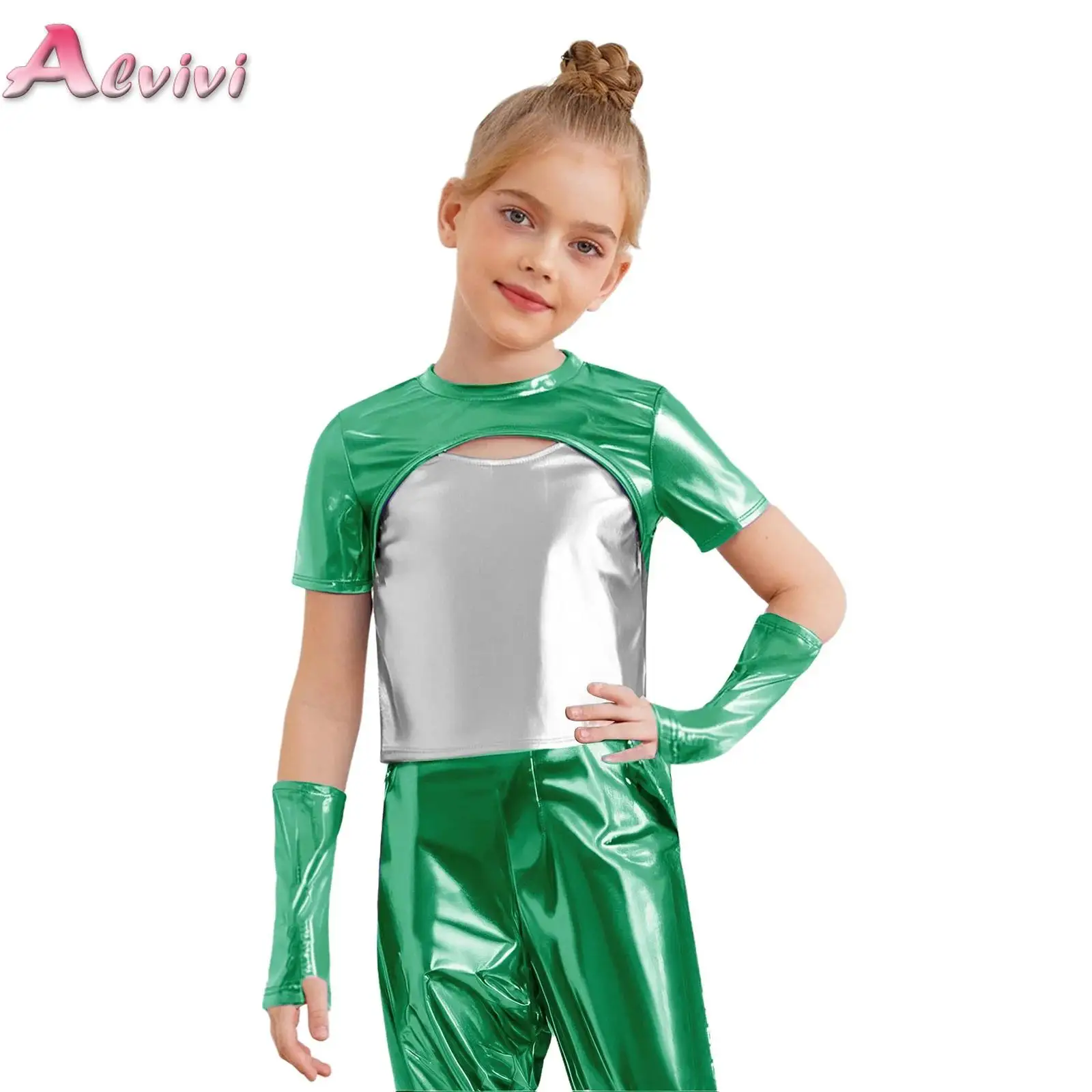 Girls Metallic Dance Top Shiny Short Sleeve Crop Top T Shirts with Gloves Ballet Ballroom Performance Costume for Latin Jazz
Girls Metallic Dance Top Shiny Short Sleeve Crop Top T Shirts with Gloves Ballet Ballroom Performance Costume for Latin Jazz