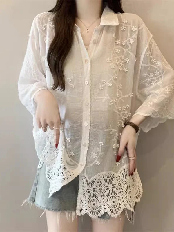 Floral Embroidery Hollow out Chiffon Shirt Women's Outerwear Summer New Style Korean Loose Fit Long Sleeve Sun Protection Top
Floral Embroidery Hollow out Chiffon Shirt Women's Outerwear Summer New Style Korean Loose Fit Long Sleeve Sun Protection Top