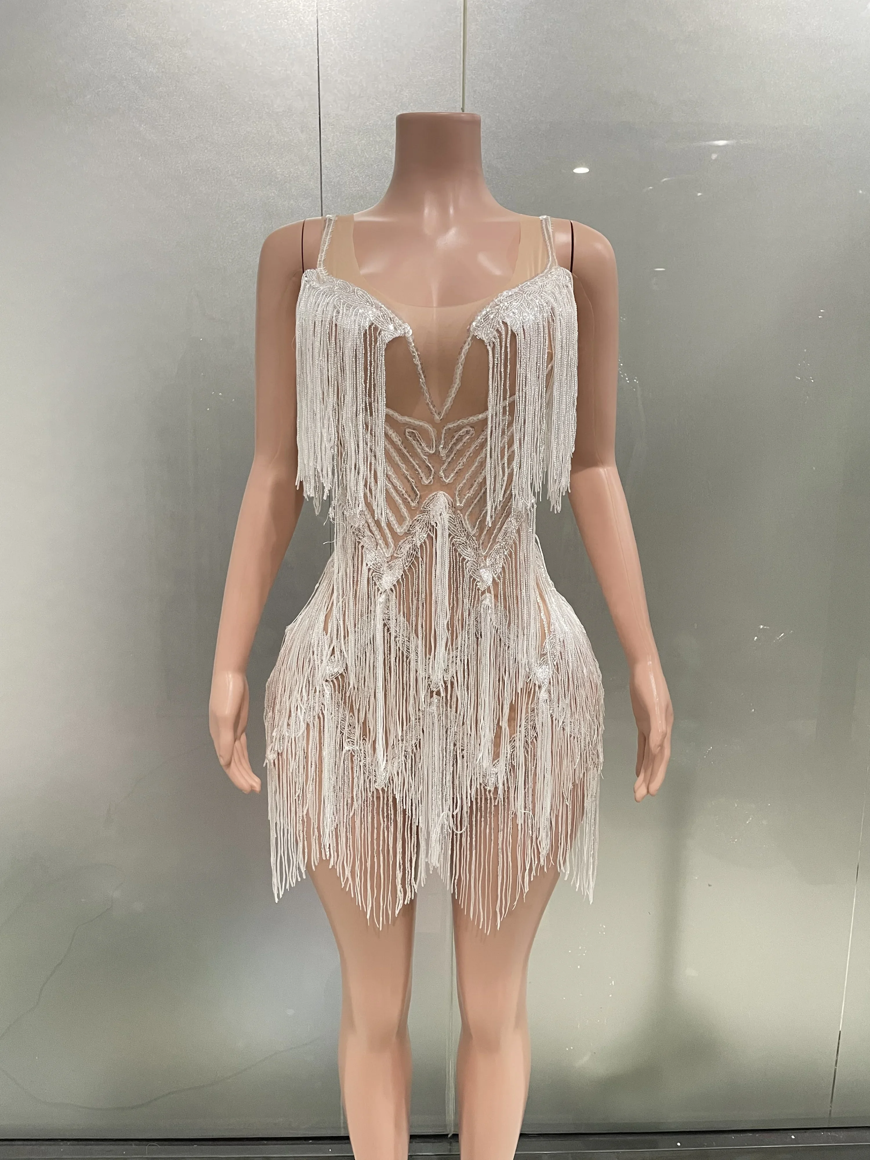 White sequin Tassels Sexy Mesh Bodycon Dress Fashion Nightclub Bar Evening Party Singer Performance Stage Costume
White sequin Tassels Sexy Mesh Bodycon Dress Fashion Nightclub Bar Evening Party Singer Performance Stage Costume