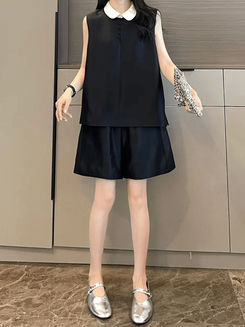 Anti-Aging Design Summer Color Block Collar Doll Shirt Vest High Waist Wide Leg Shorts Two-Piece Set Women's Fashion Ensemble
Anti-Aging Design Summer Color Block Collar Doll Shirt Vest High Waist Wide Leg Shorts Two-Piece Set Women's Fashion Ensemble