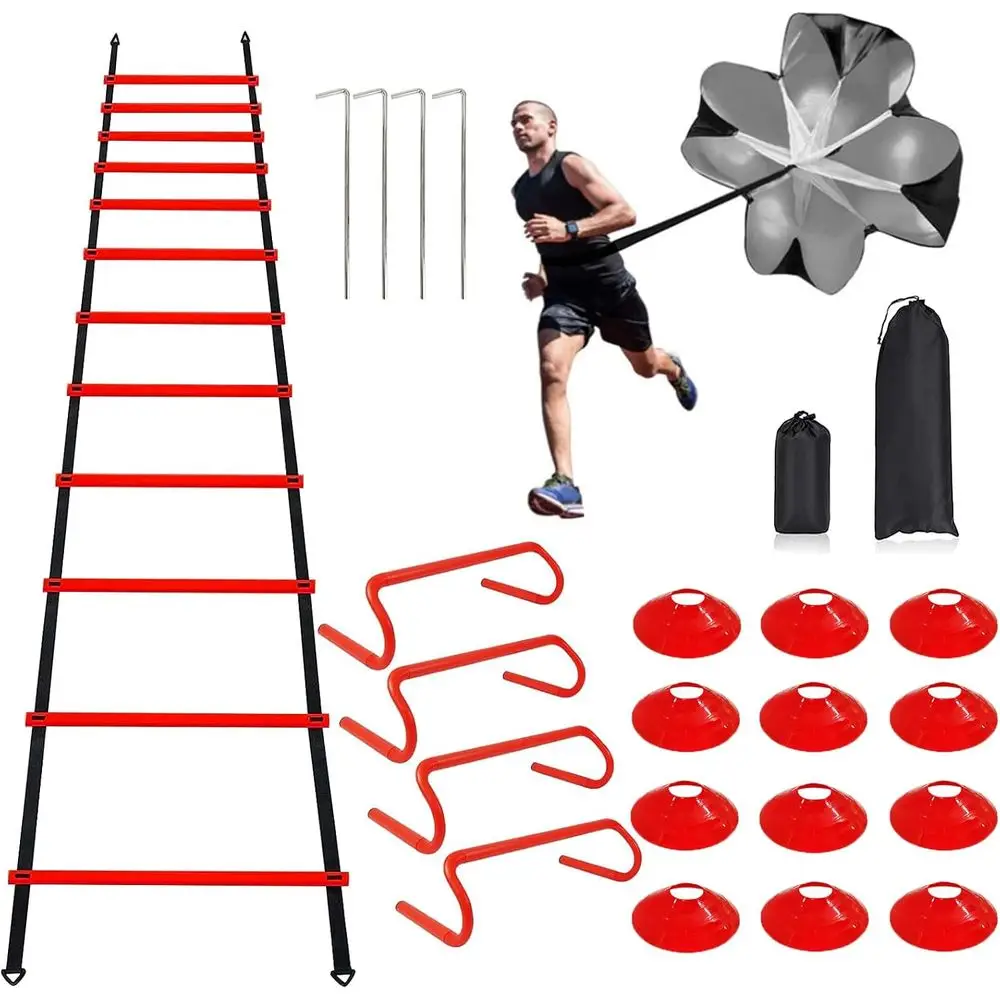 Agility Ladder Set with 20 Rungs, 12 Soccer Cones, 4 Hurdles, and Running Parachute for Soccer, Football, and Basketball Trainin
Agility Ladder Set with 20 Rungs, 12 Soccer Cones, 4 Hurdles, and Running Parachute for Soccer, Football, and Basketball Trainin