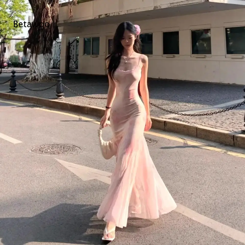 Women's Pink Floral Print Lace Trim Spaghetti Strap Mesh Mermaid Maxi Dress
Women's Pink Floral Print Lace Trim Spaghetti Strap Mesh Mermaid Maxi Dress